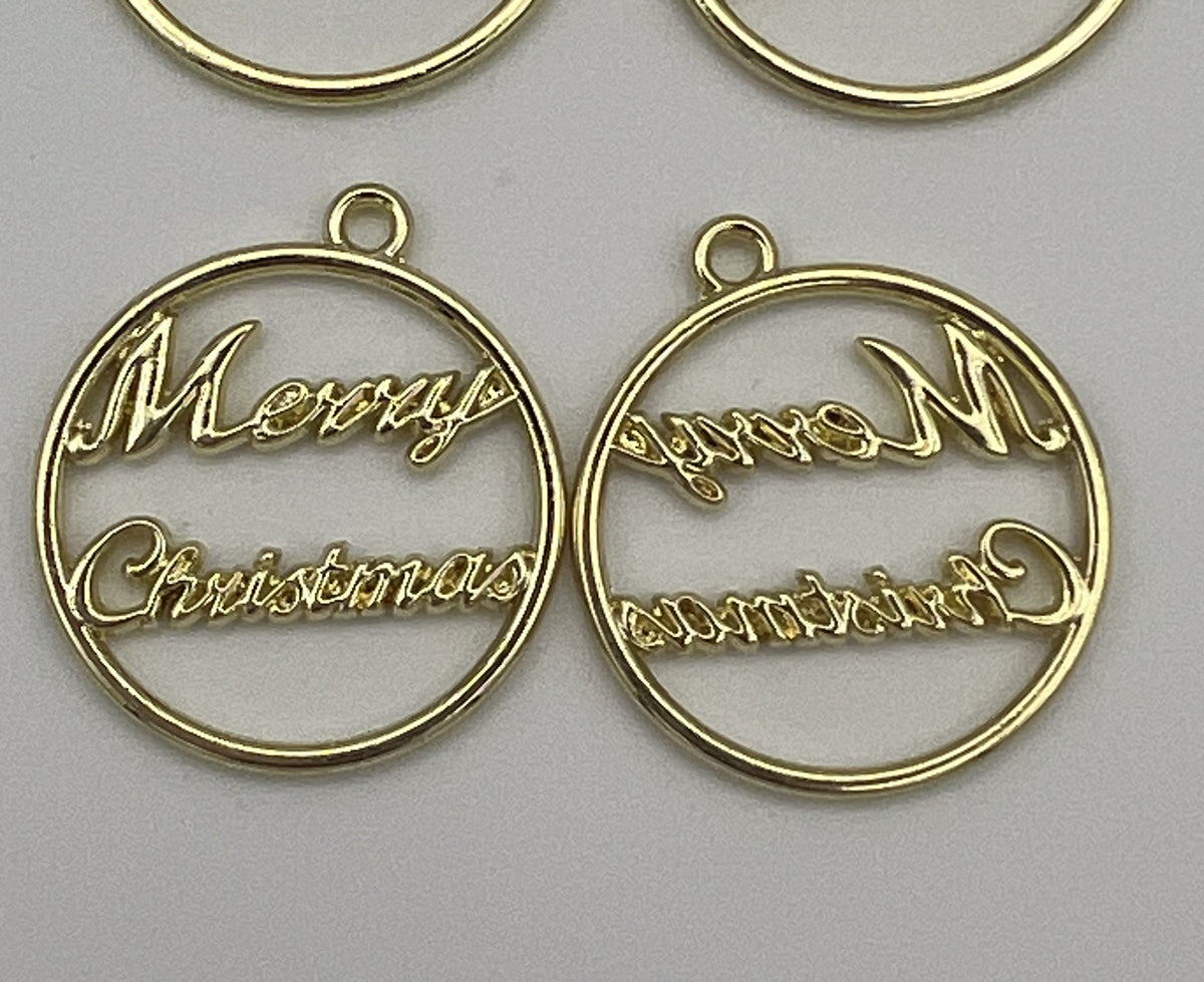Golden round pendants with 'Merry Christmas' text inside. Set of 4.