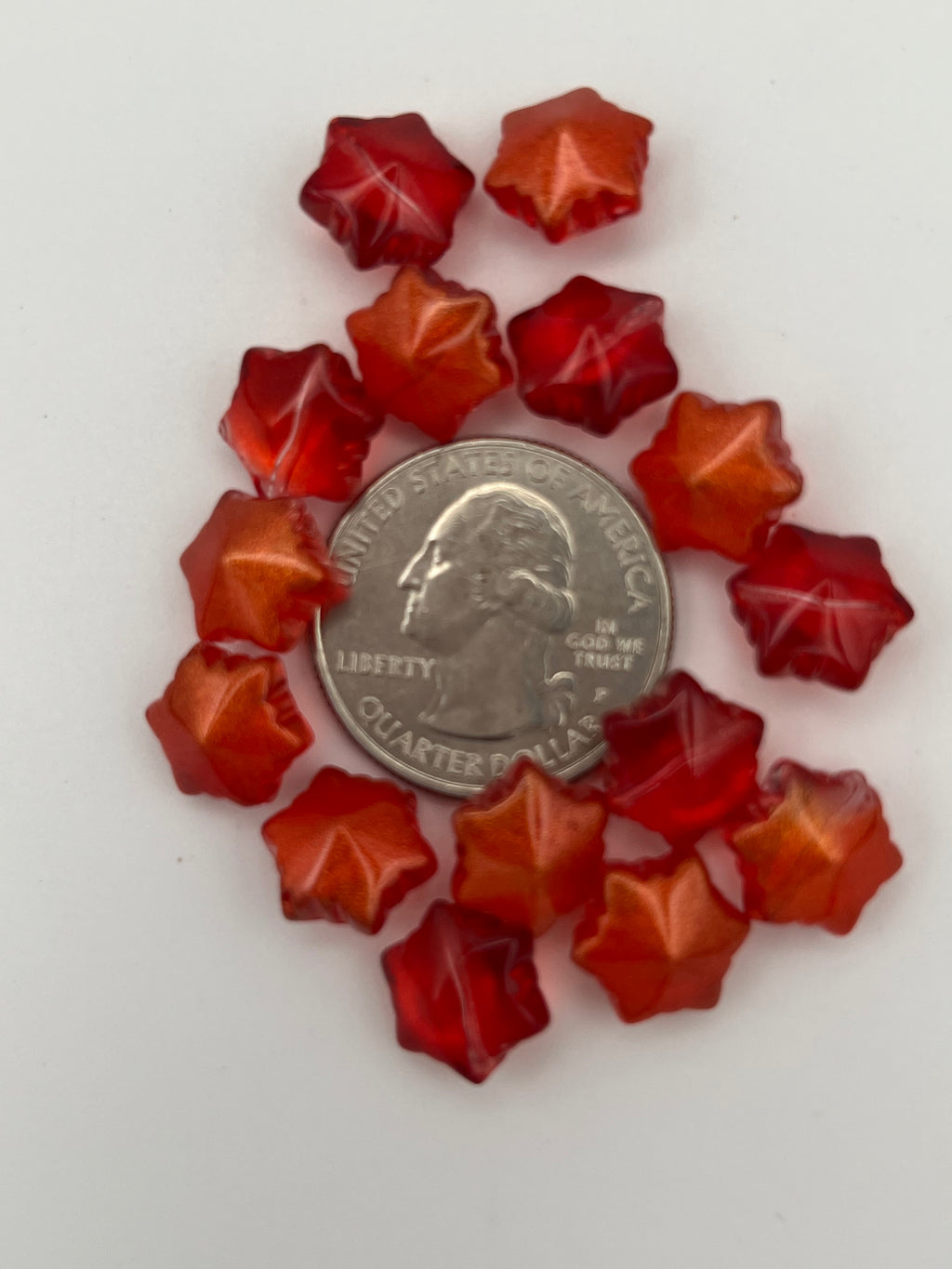 15 Transparent Glass Snowflake Beads w/Gold Powder Red