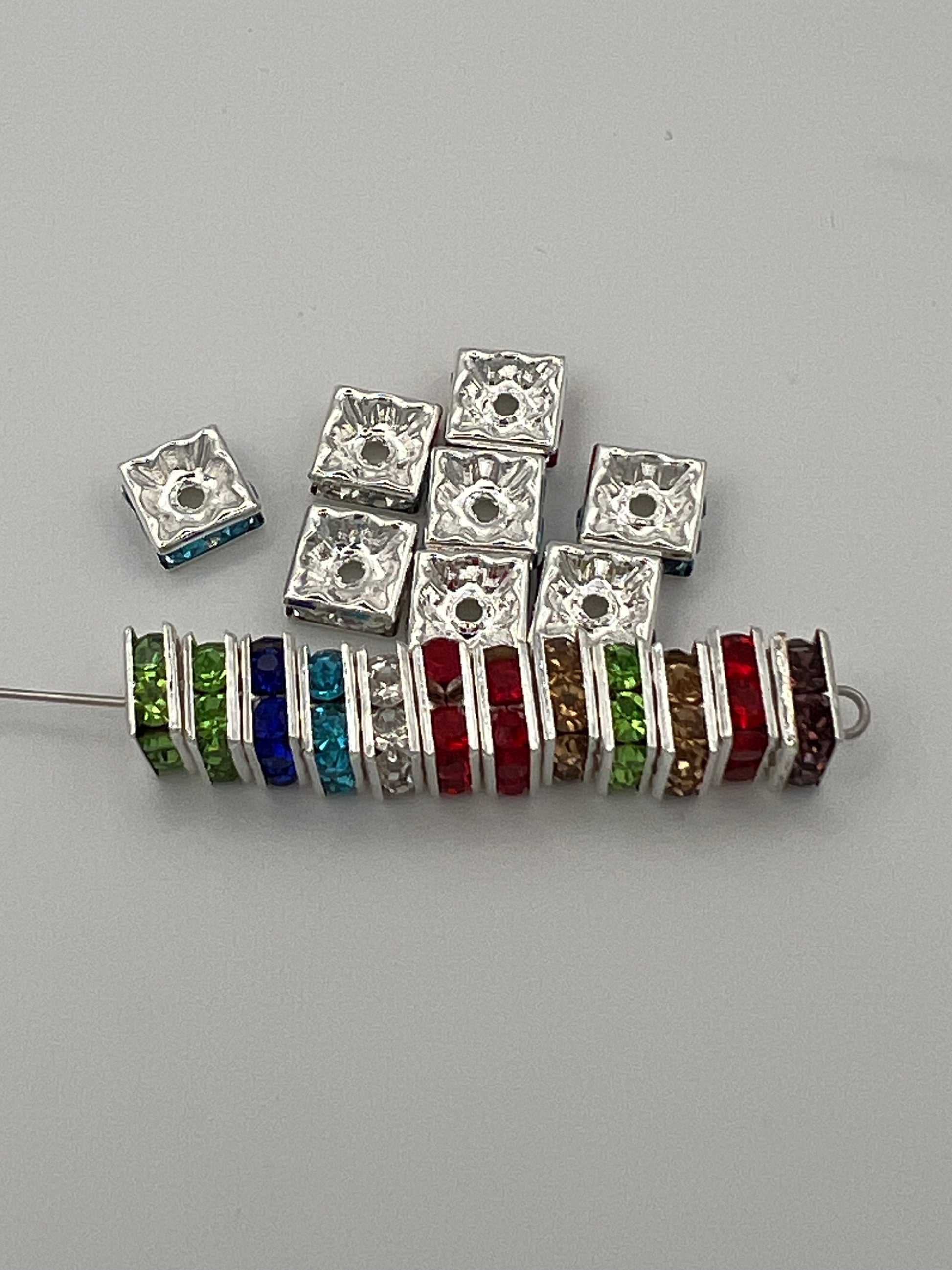 20 mixed color 8mm square glass rhinestone spacer beads.