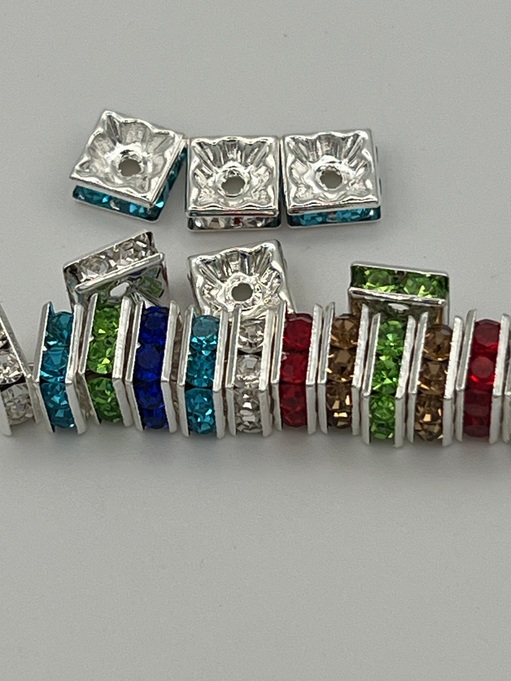 20 mixed color 8mm square glass rhinestone spacer beads.