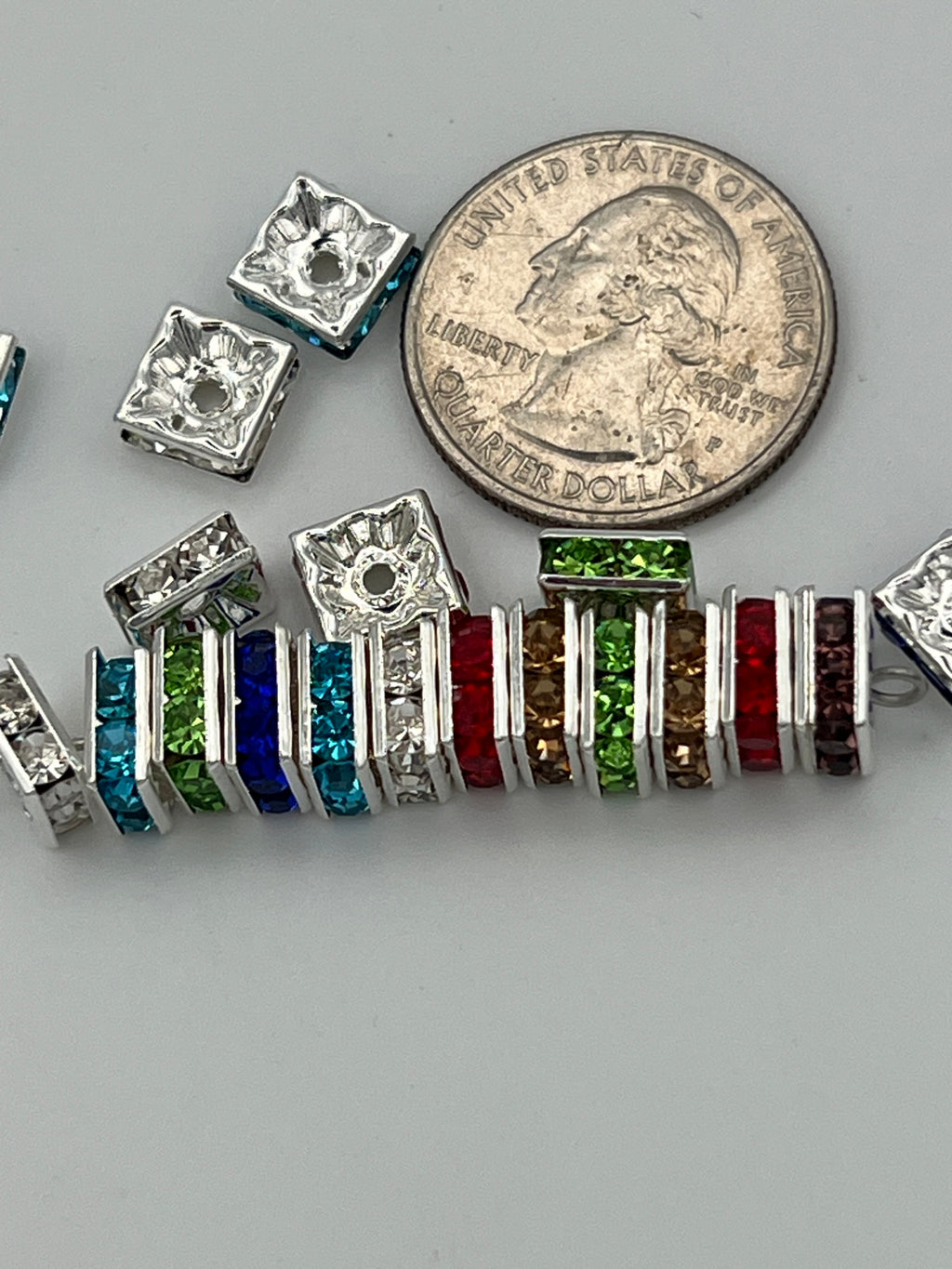 20 mixed color 8mm square glass rhinestone spacer beads.