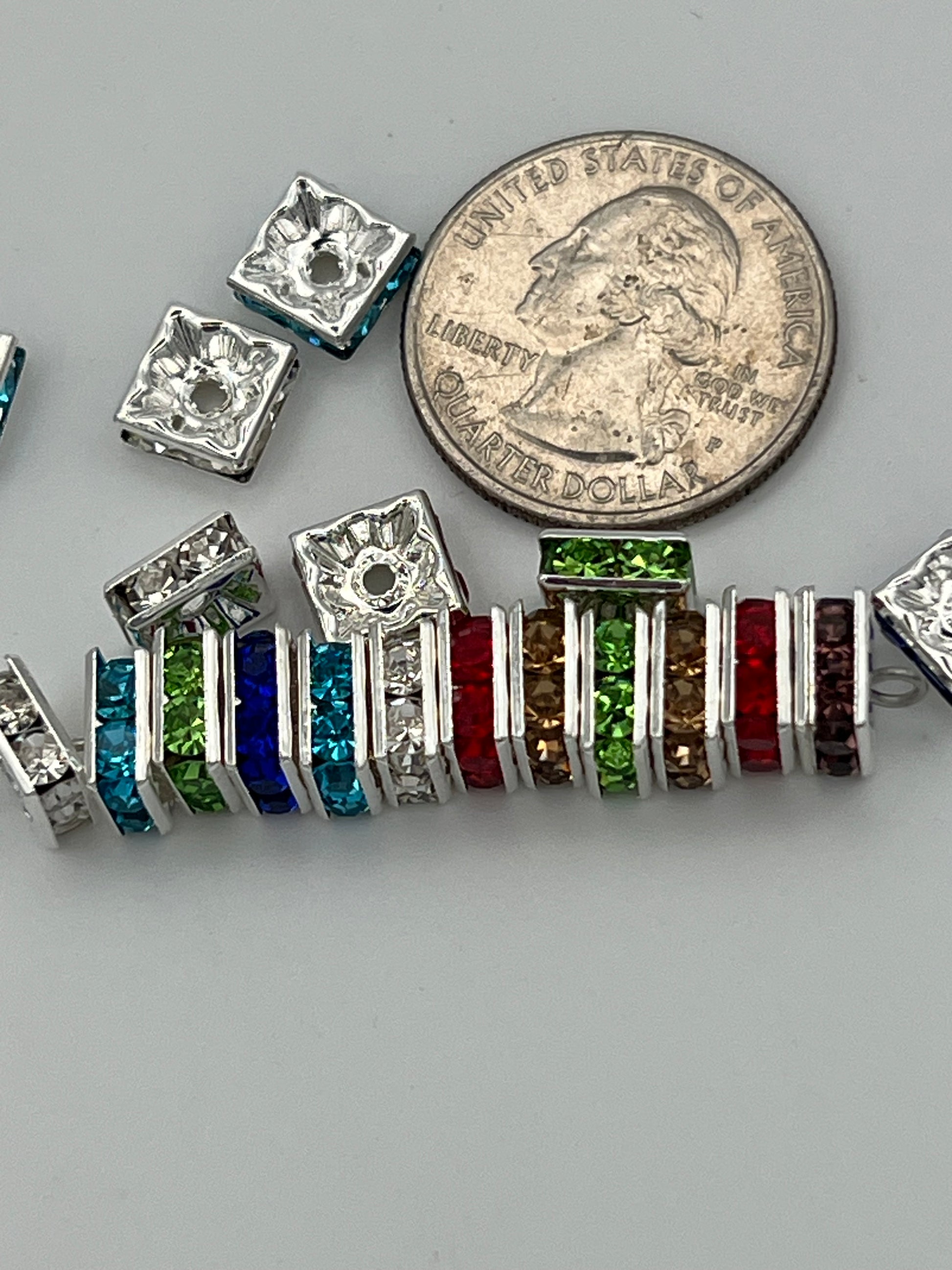 20 mixed color 8mm square glass rhinestone spacer beads.