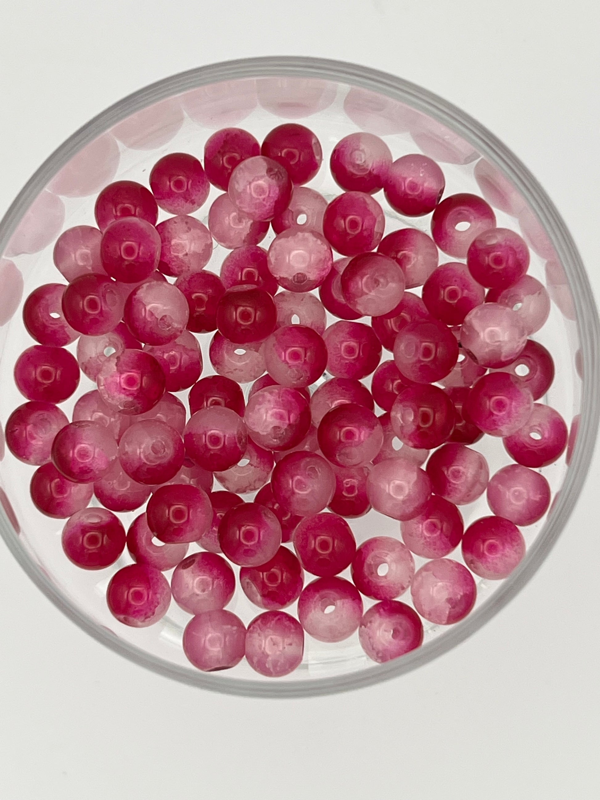 50 8mm Two-Tone Crackle Glass Beads Medium Violet Red & White