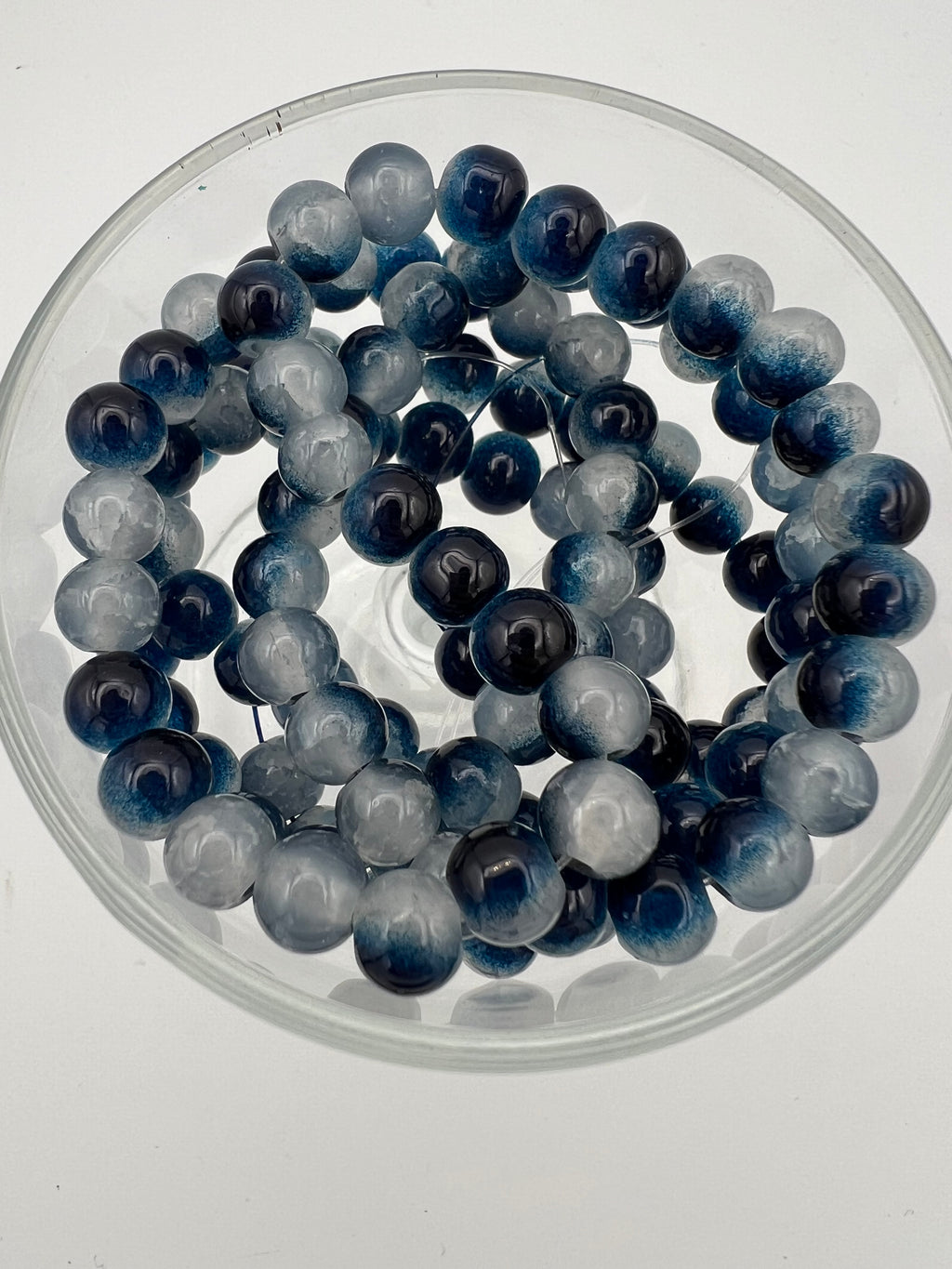 50 8mm Two-Tone Crackle Glass Beads Midnight Blue & White