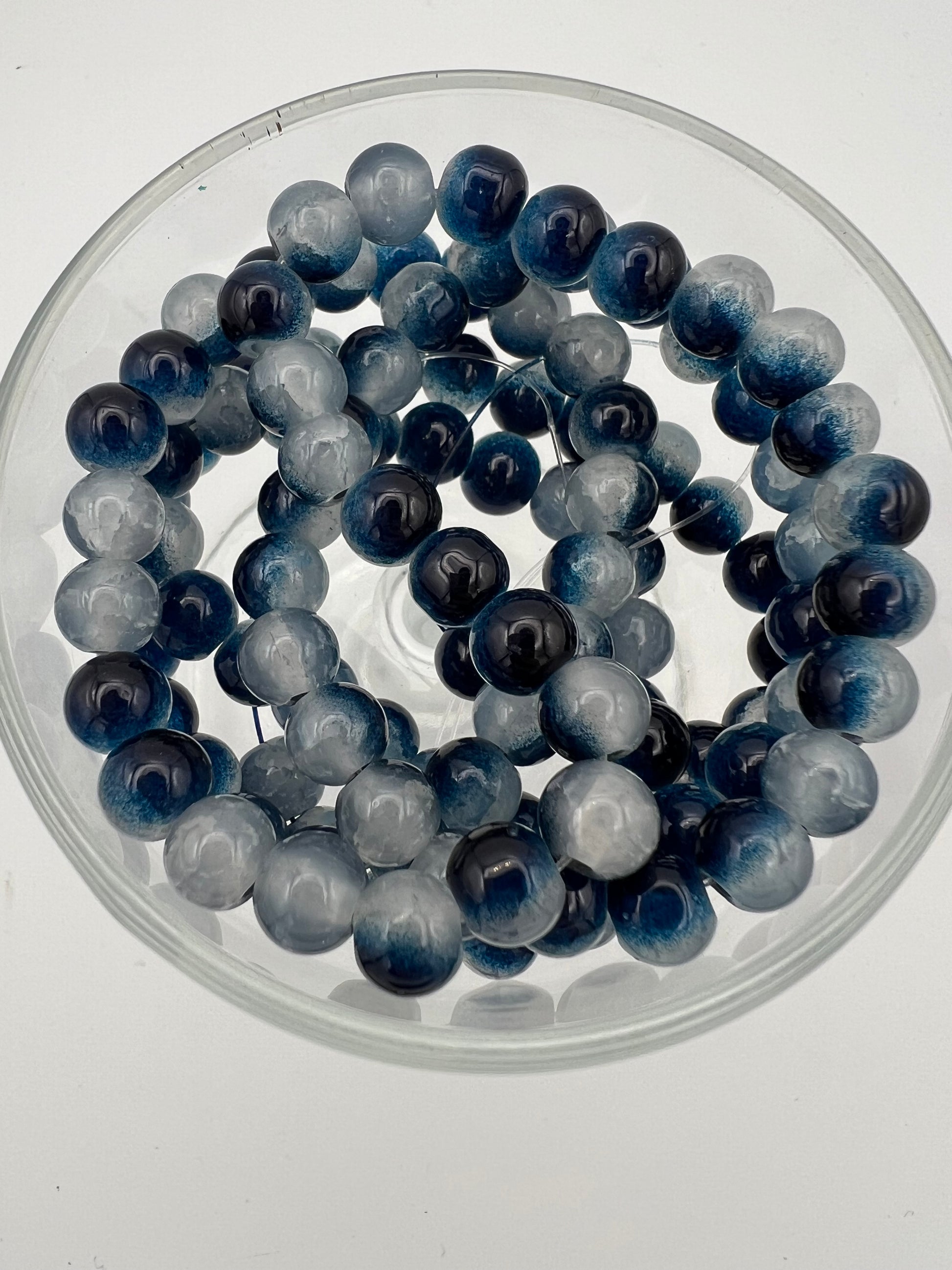 50 8mm Two-Tone Crackle Glass Beads Midnight Blue & White