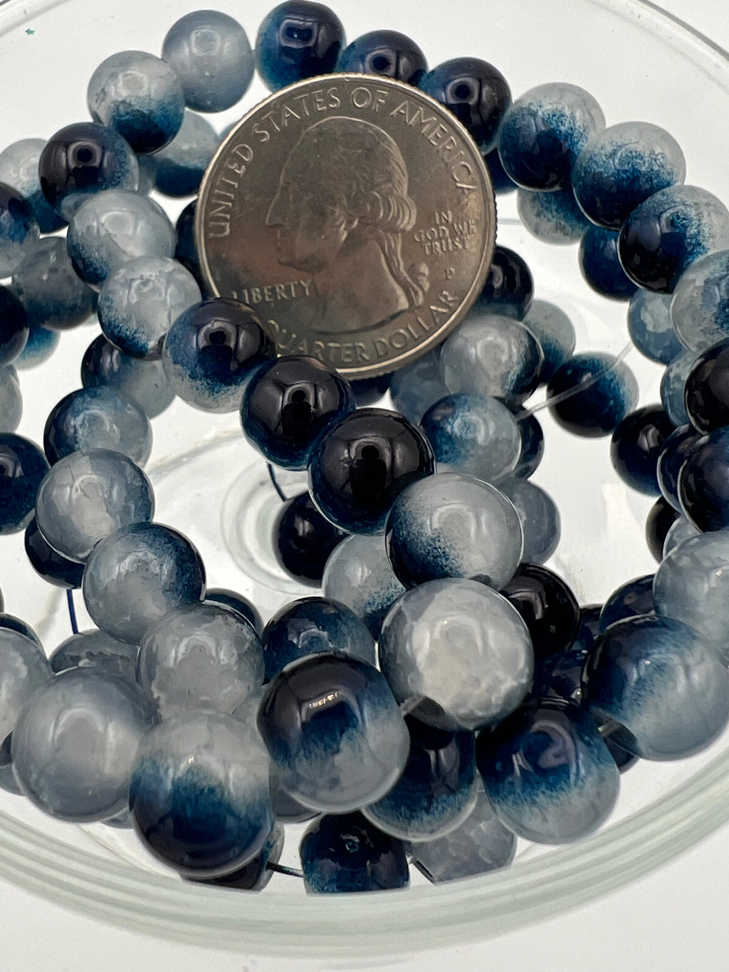 50 8mm Two-Tone Crackle Glass Beads Midnight Blue & White