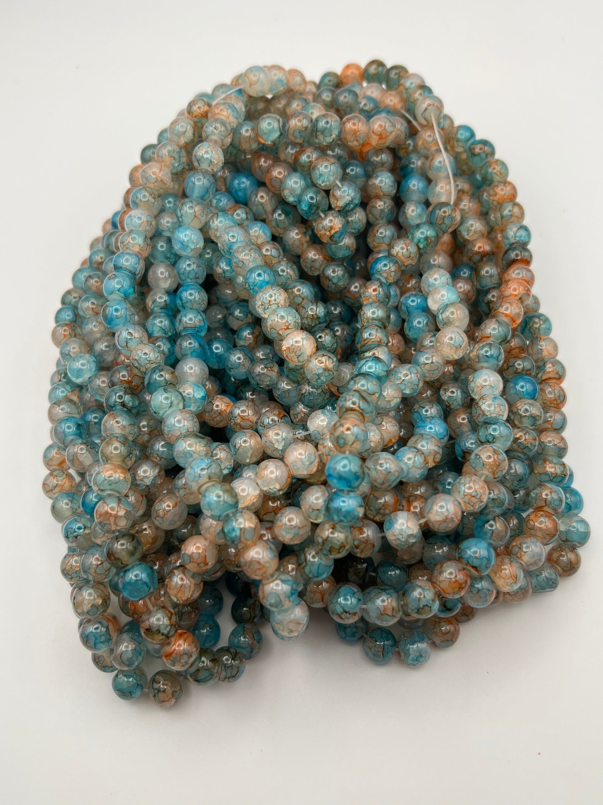 50 8mm Painted Swirl Crackle Glass Beads Turq & Orange