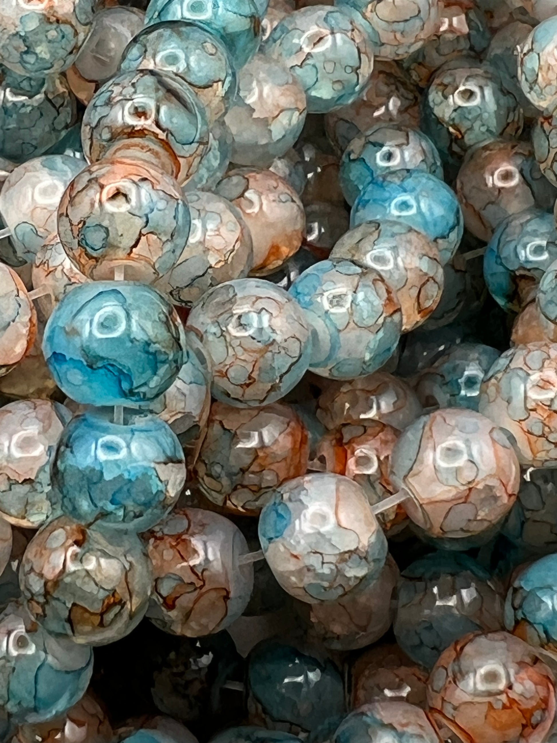 50 8mm Painted Swirl Crackle Glass Beads Turq & Orange