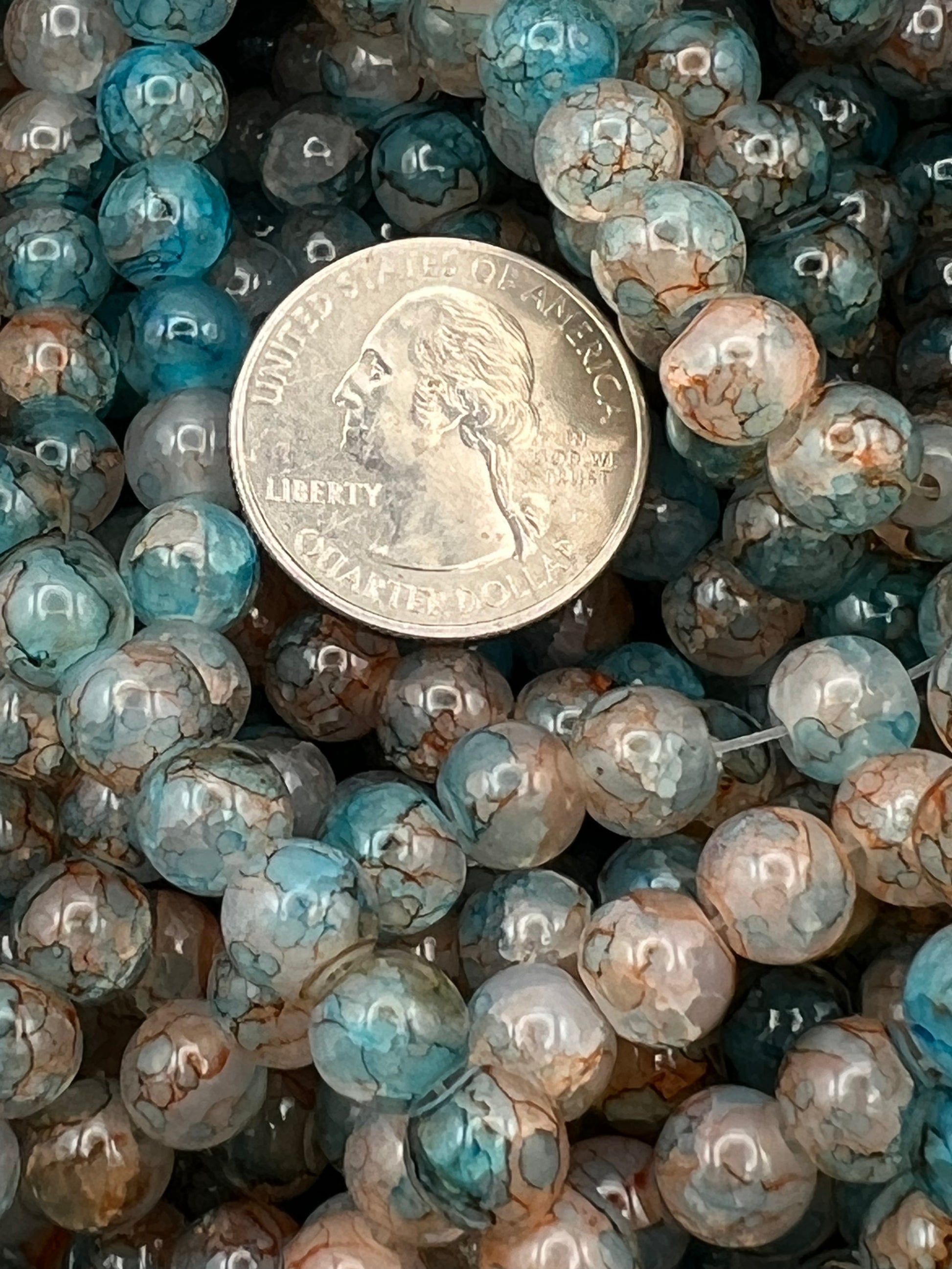 50 8mm Painted Swirl Crackle Glass Beads Turq & Orange