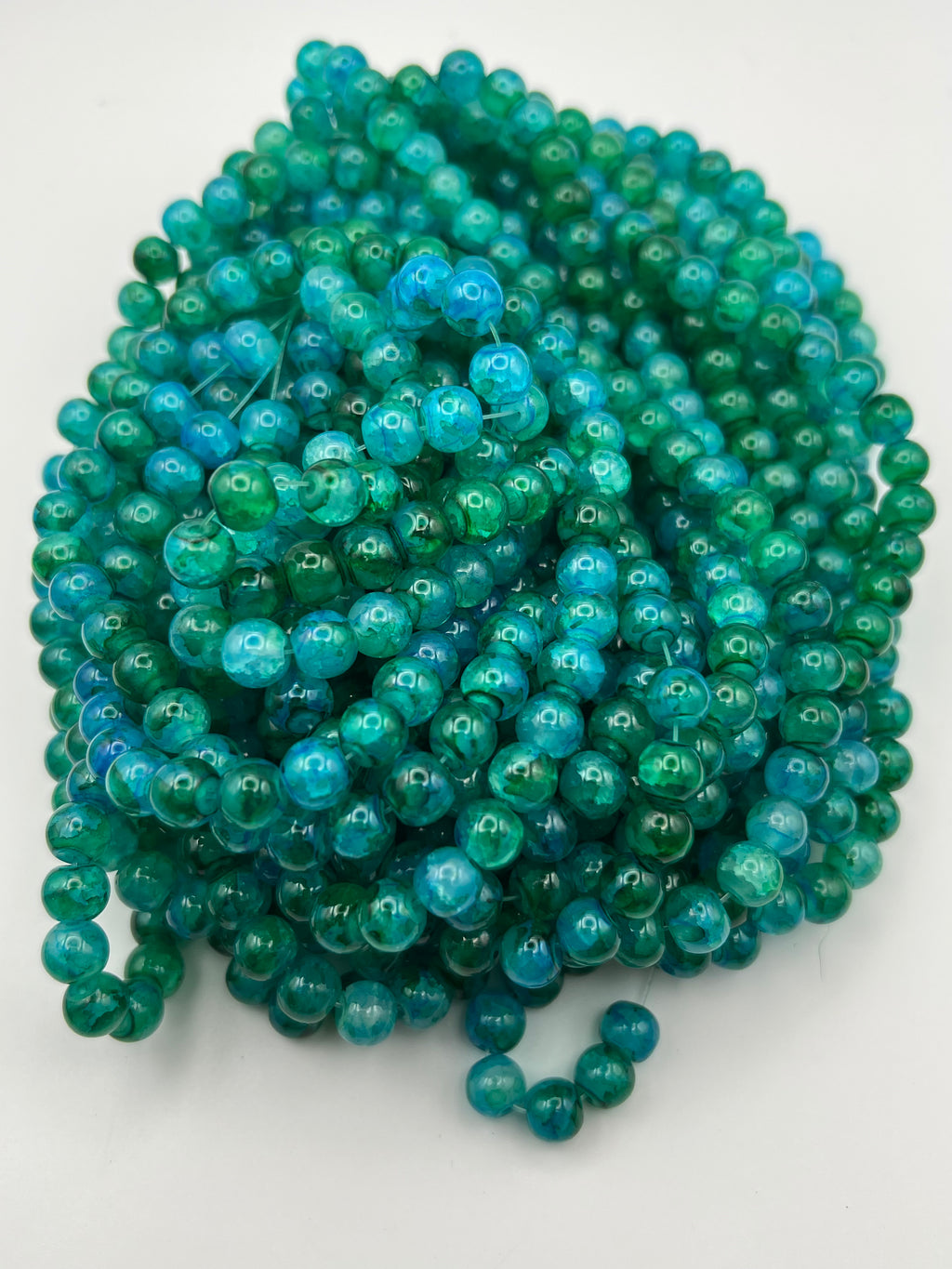 50 8mm Painted Swirl Crackle Glass Beads Medium Sea Green