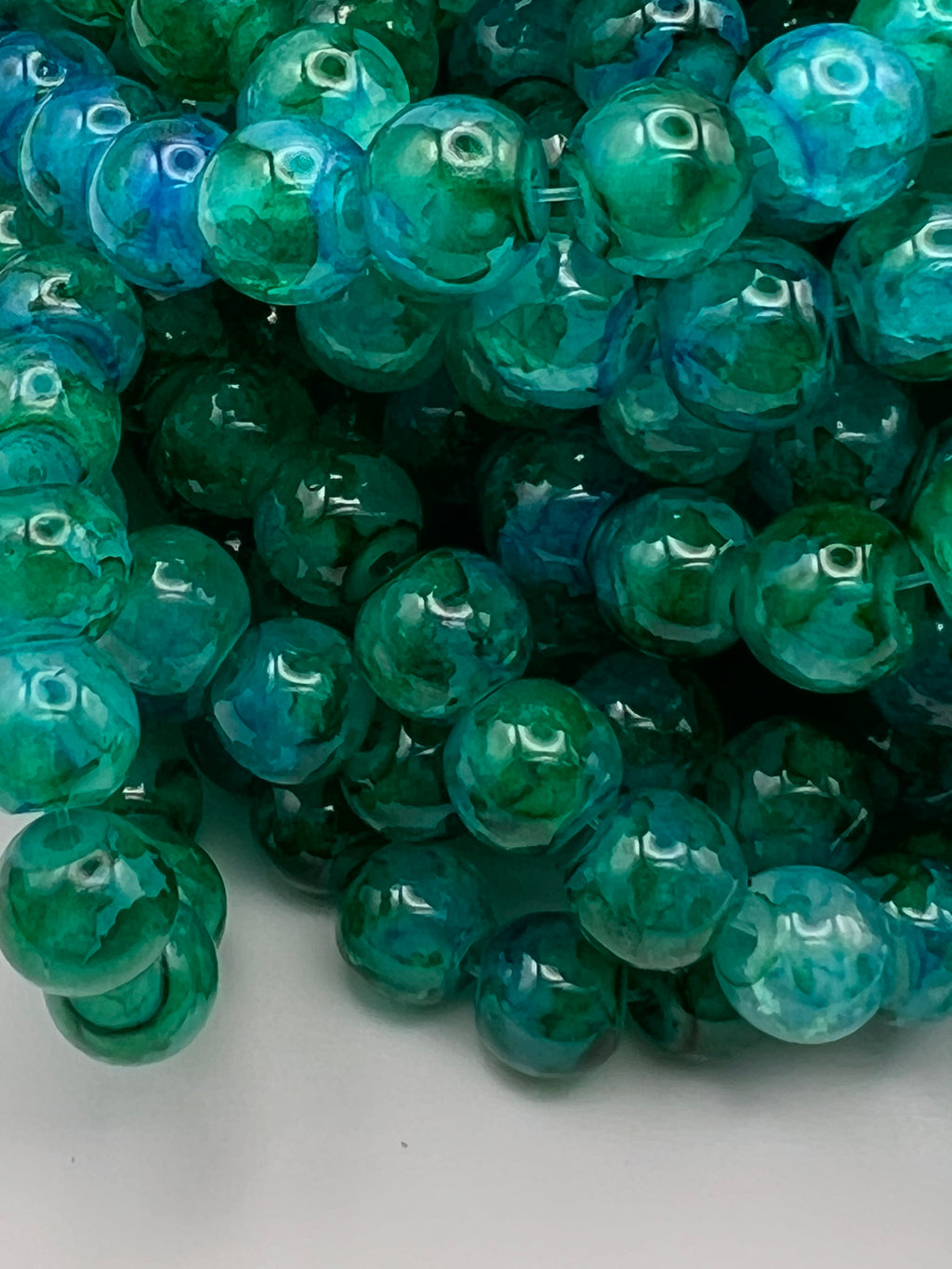 50 8mm Painted Swirl Crackle Glass Beads Medium Sea Green