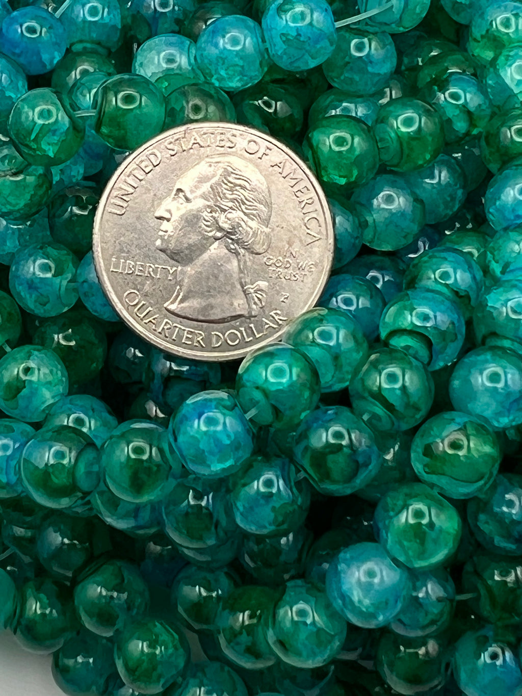 50 8mm Painted Swirl Crackle Glass Beads Medium Sea Green