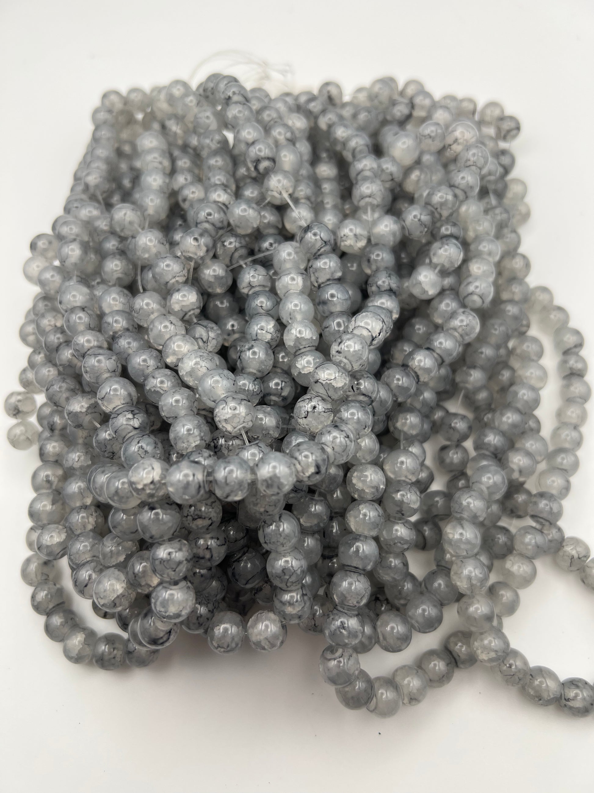 50 8mm Painted Swirl Crackle Glass Beads Light Gray