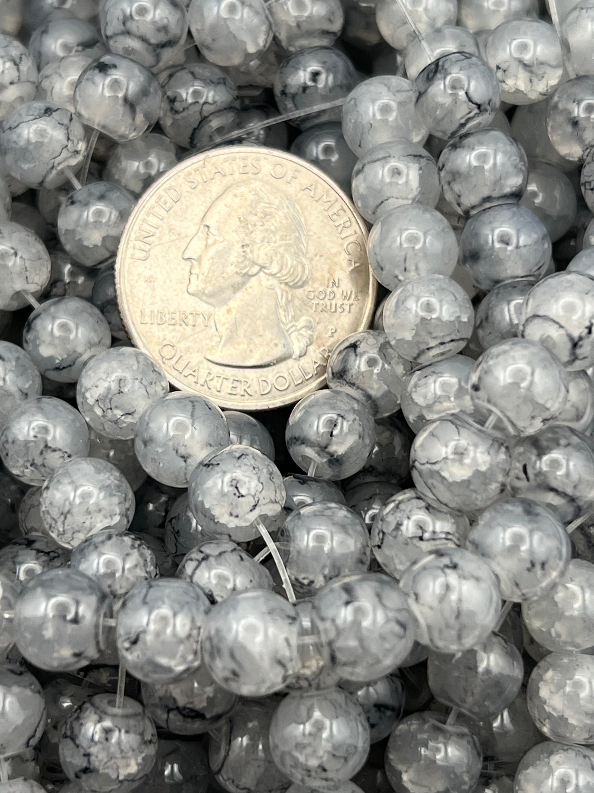 50 8mm Painted Swirl Crackle Glass Beads Light Gray