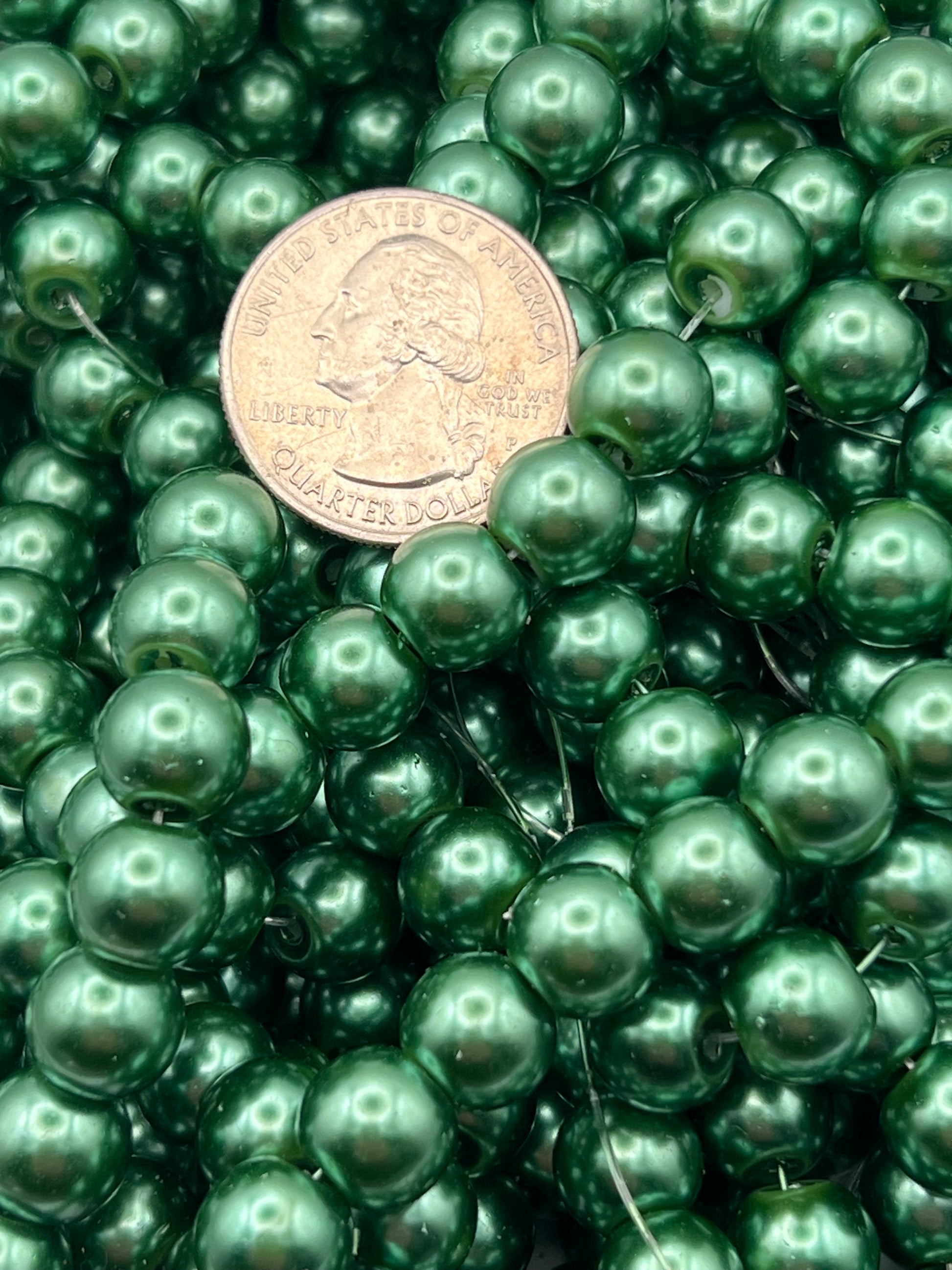 35 10mm Glass Pearl Beads Dark Green