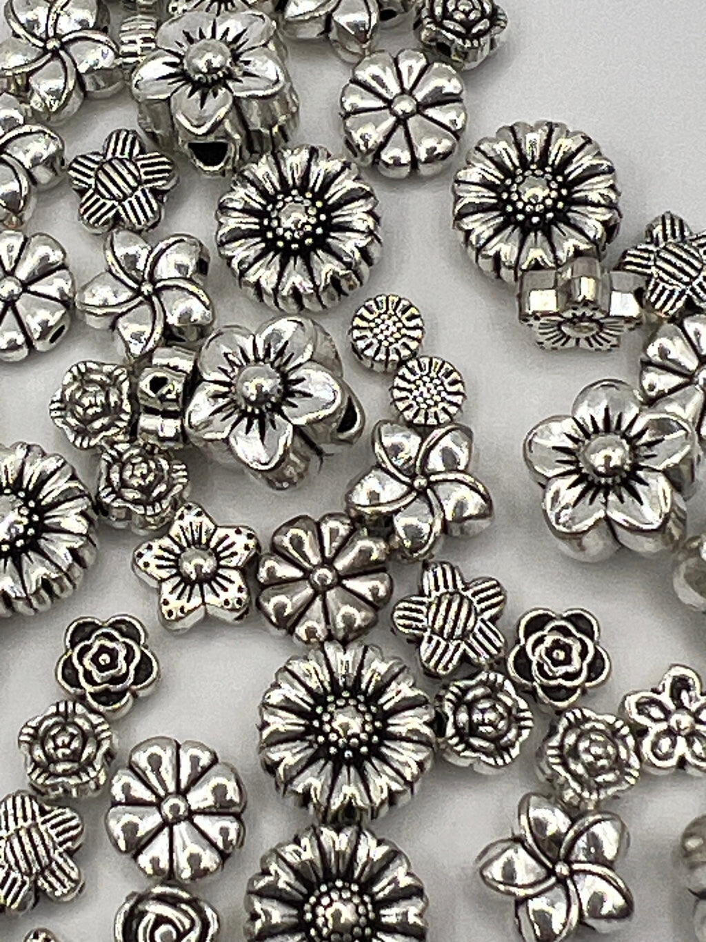 120pc Tibetan Style Flower Beads, Antique Silver | 12 Different Styles
