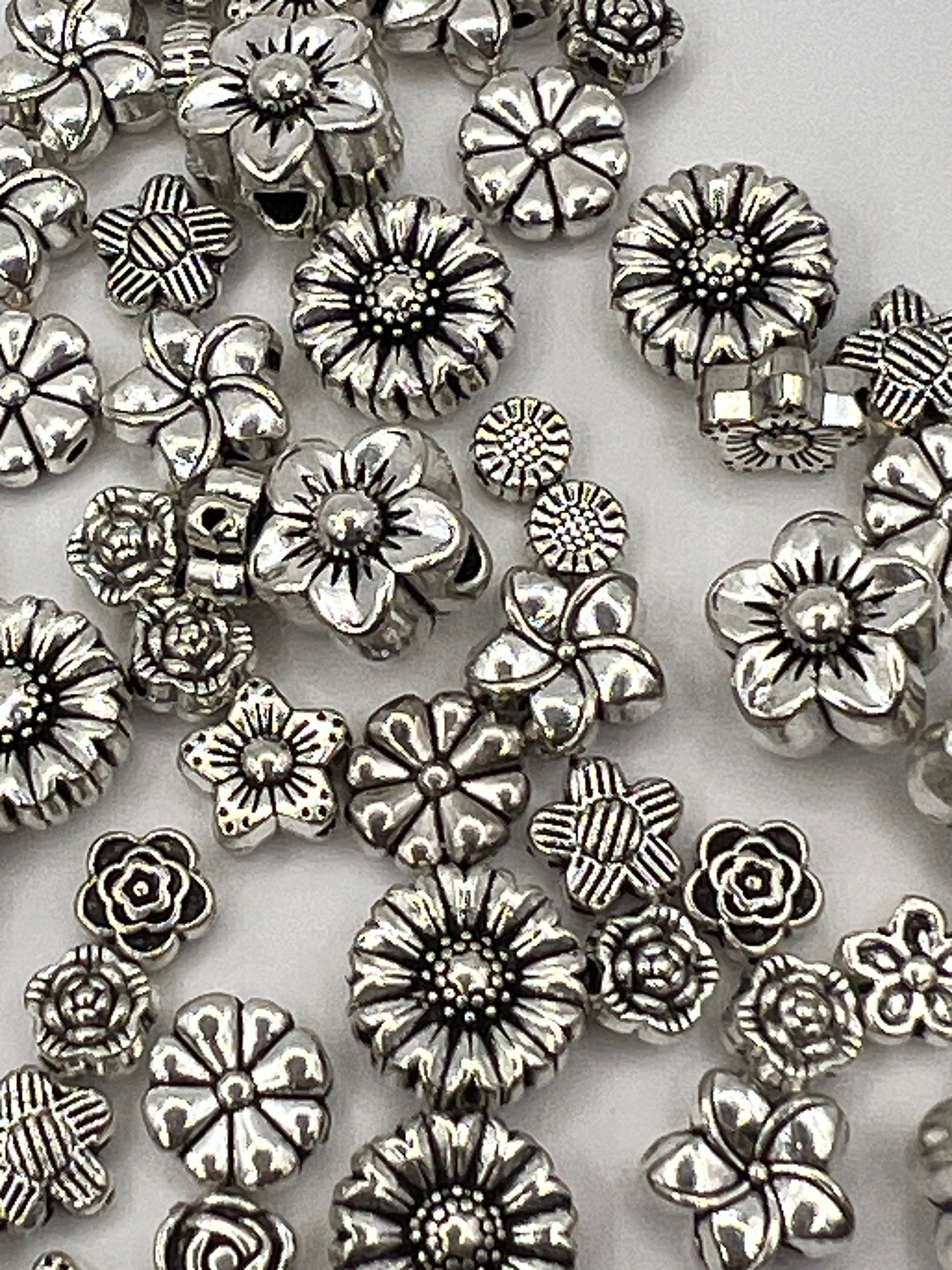 120pc Tibetan Style Flower Beads, Antique Silver | 12 Different Styles