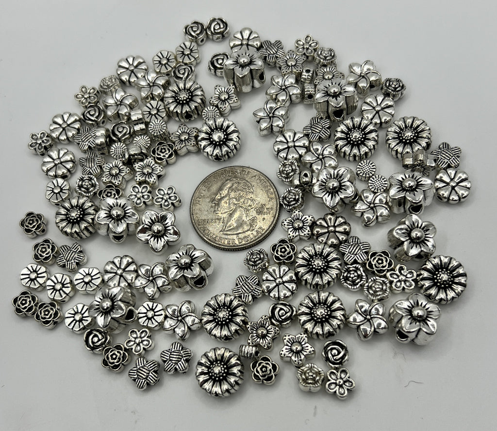 120pc Tibetan Style Flower Beads, Antique Silver | 12 Different Styles