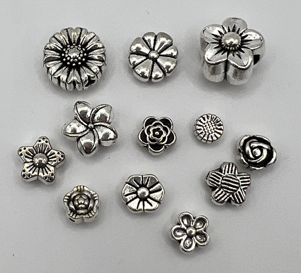 120pc Tibetan Style Flower Beads, Antique Silver | 12 Different Styles