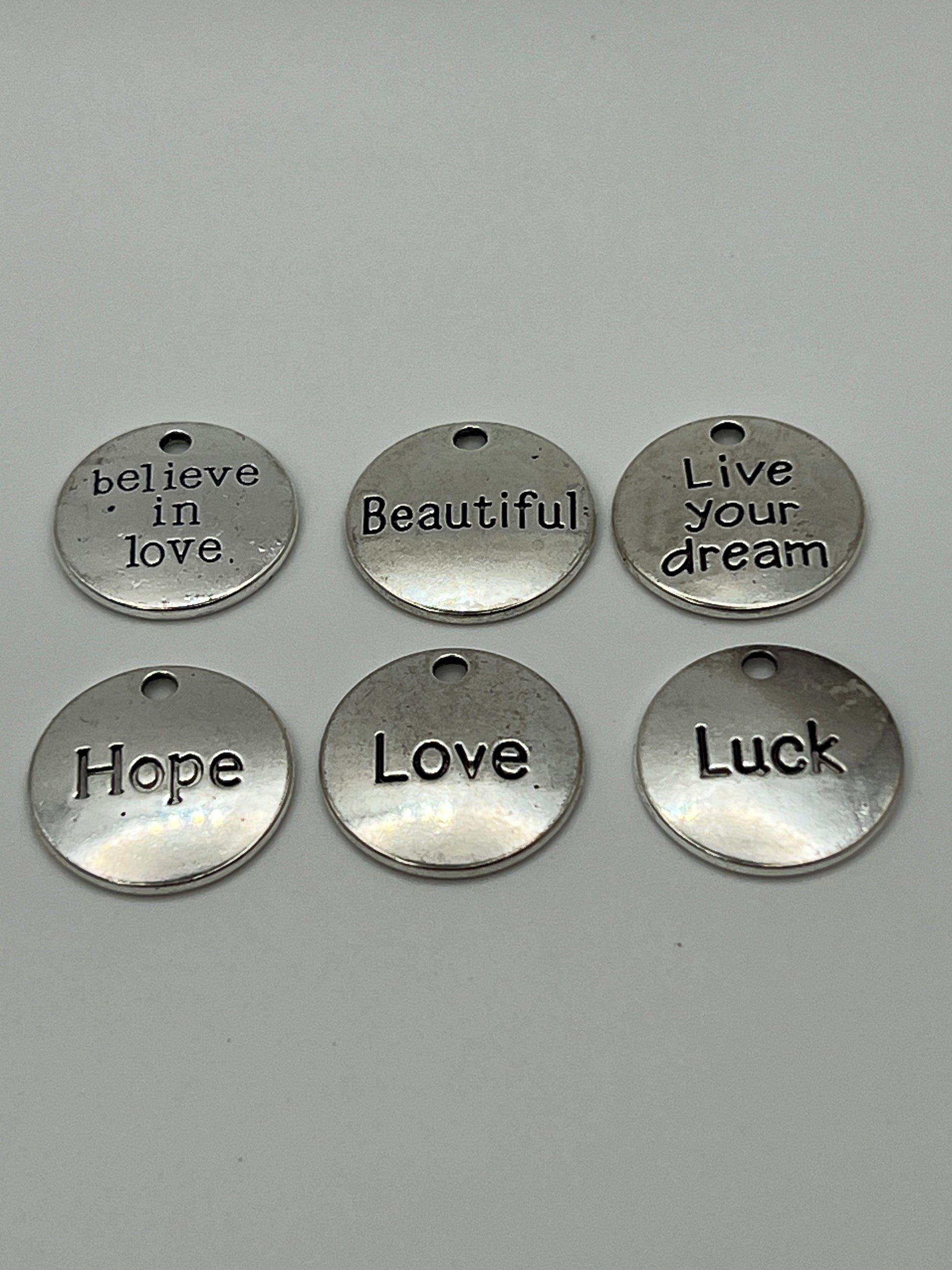 30 pc. Tibetan Style Flat Round Inspirational Word Pendants