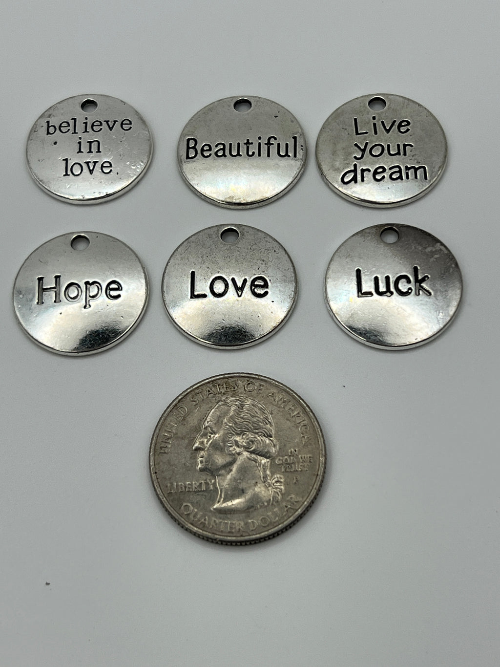30 pc. Tibetan Style Flat Round Inspirational Word Pendants