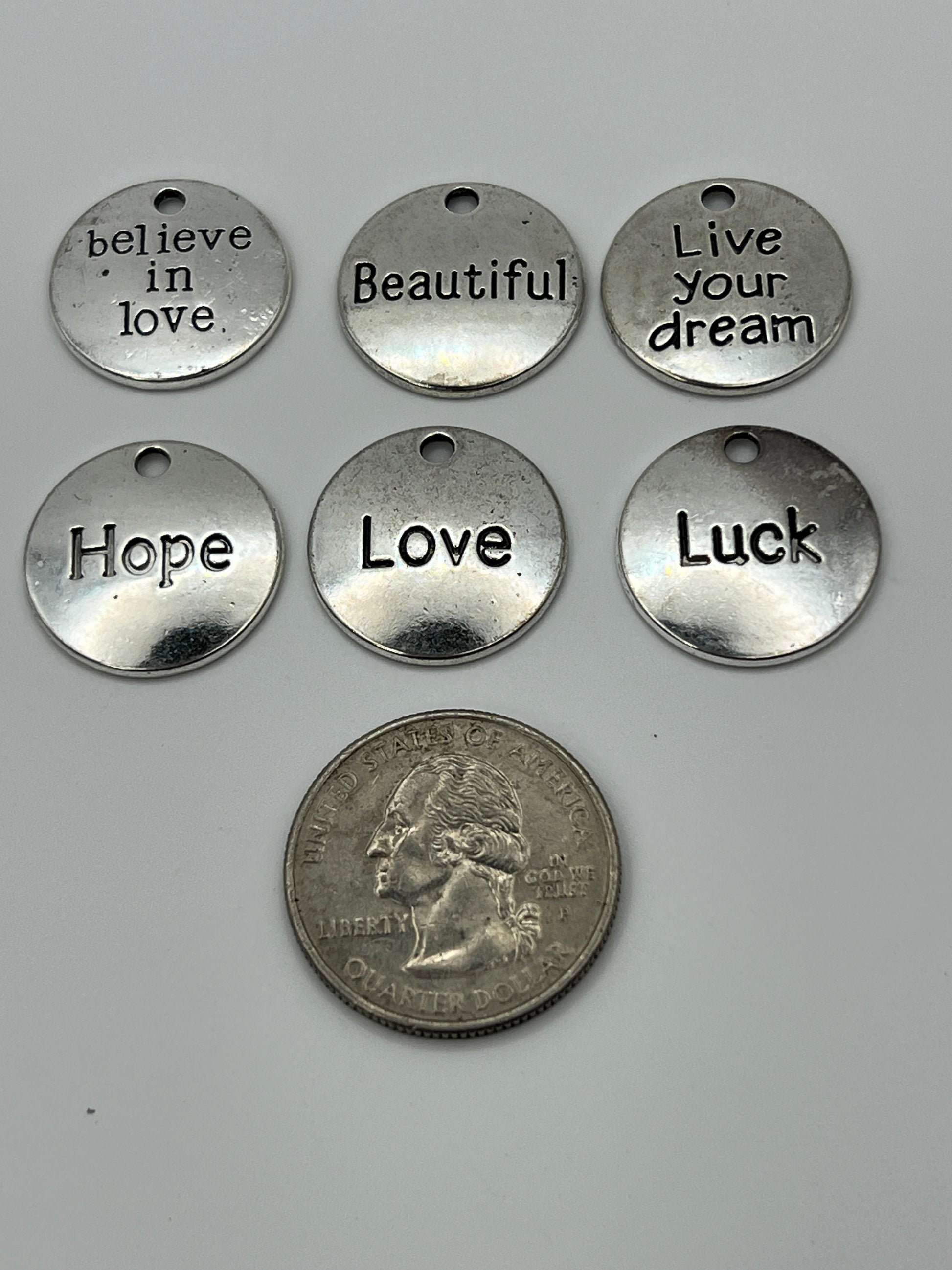 30 pc. Tibetan Style Flat Round Inspirational Word Pendants