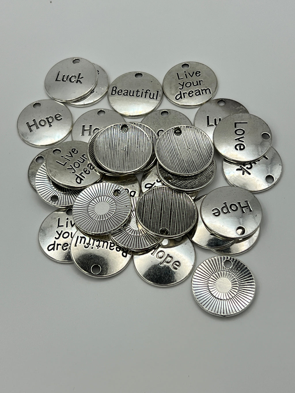 30 pc. Tibetan Style Flat Round Inspirational Word Pendants