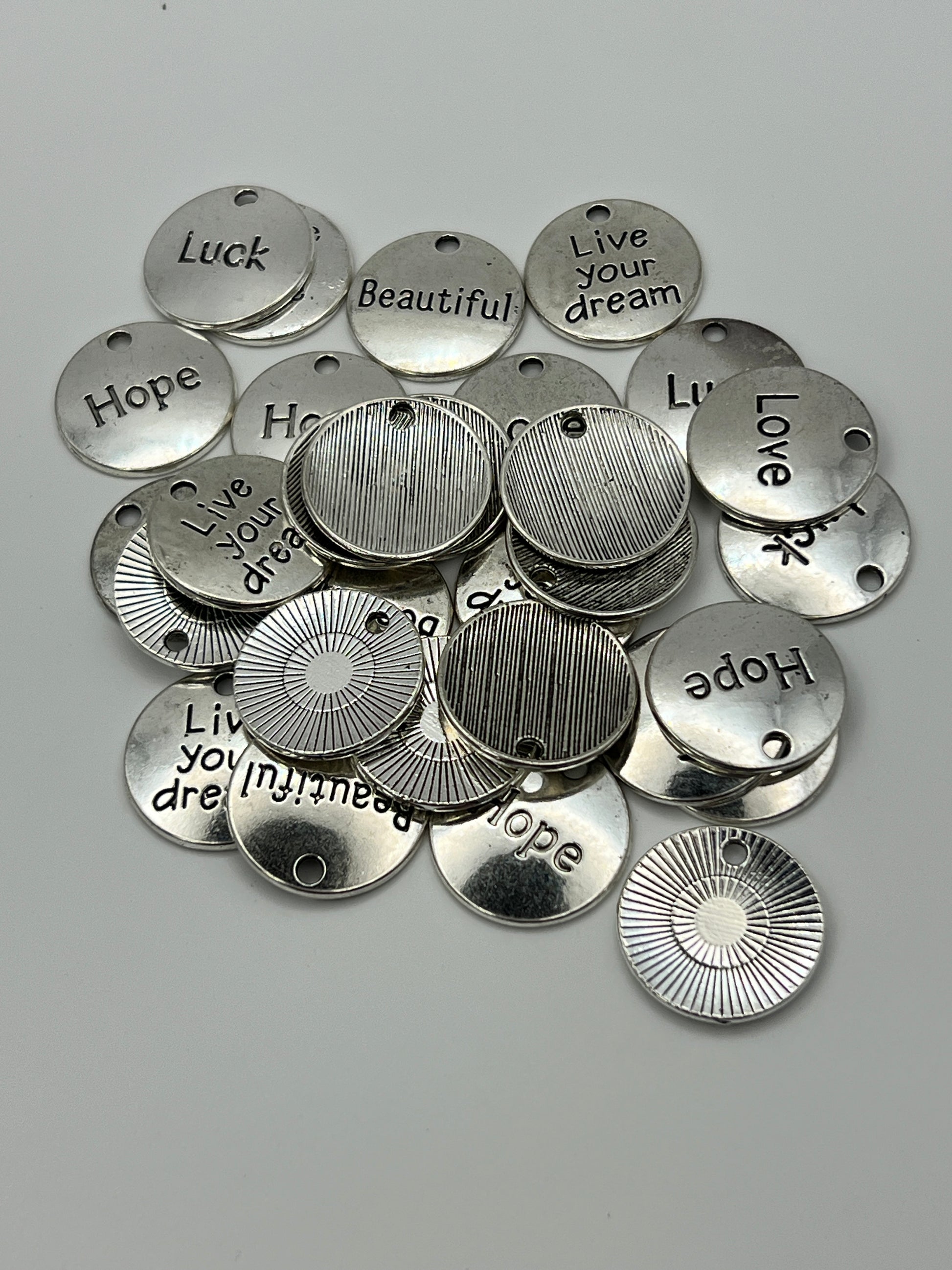 30 pc. Tibetan Style Flat Round Inspirational Word Pendants