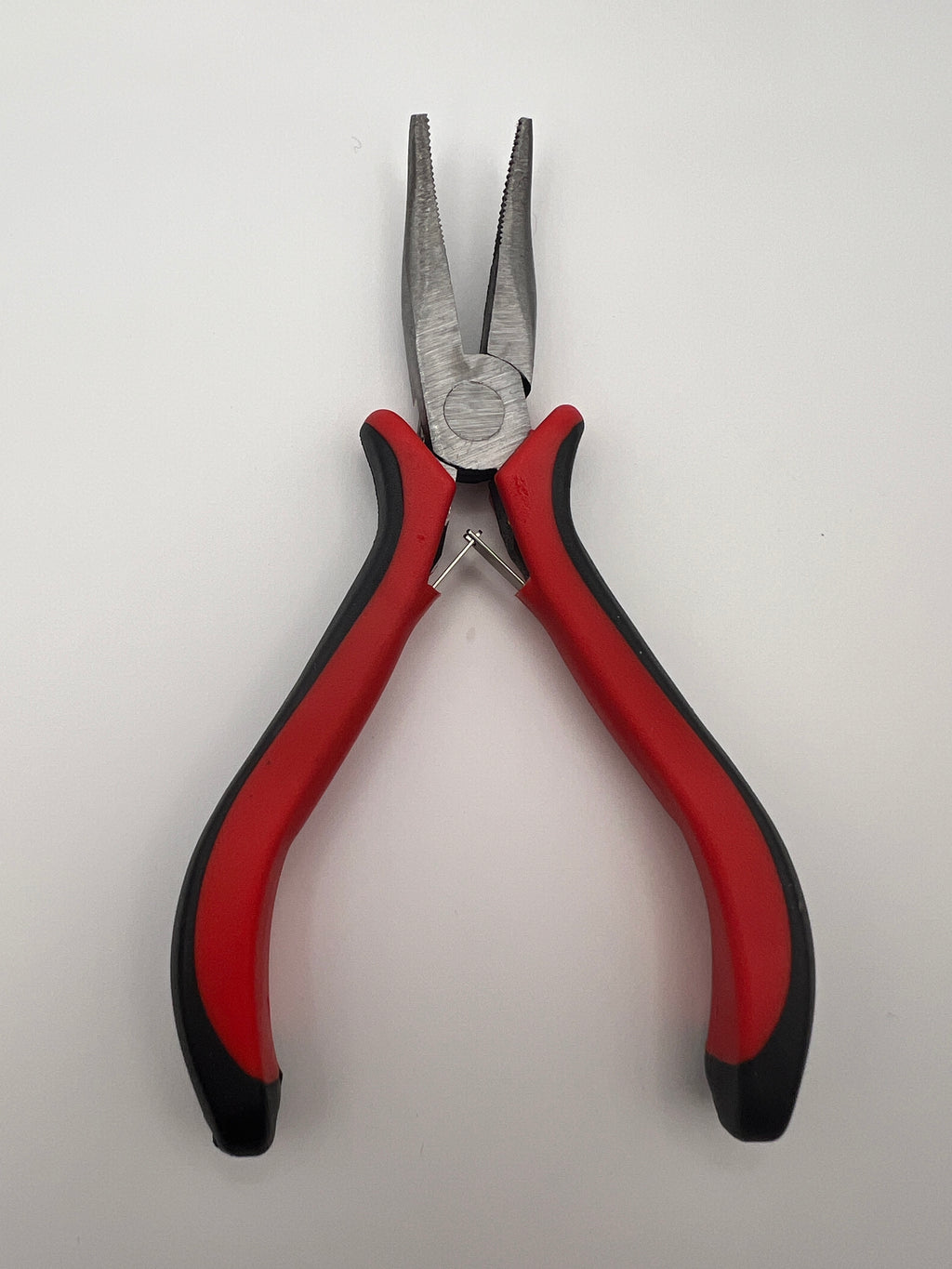 5.5-inch carbon steel bent nose pliers with red and black padded handles on a white background.