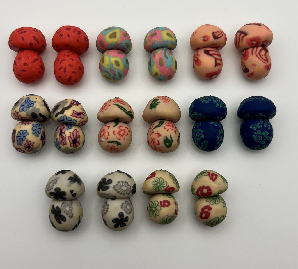 16 assorted polymer clay mushroom beads in 8 unique floral and patterned designs.