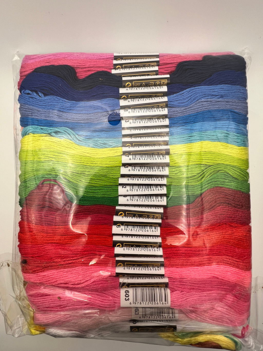 A pack of 100 embroidery thread skeins in a rainbow of mixed colors, individually labeled.