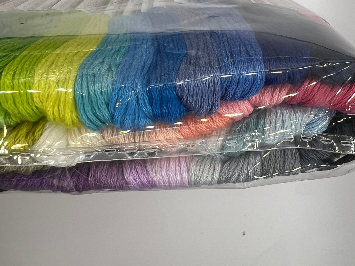 A bulk pack of 100 embroidery thread skeins in a variety of vibrant colors inside clear packaging.