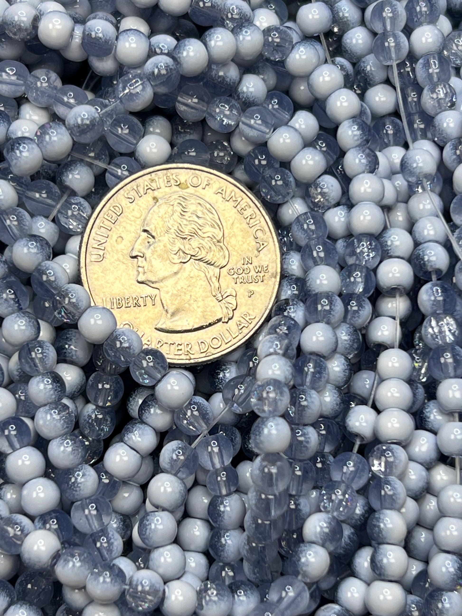 50 4.5mm Two-Tone Crackle Glass Beads Steel Blue & White