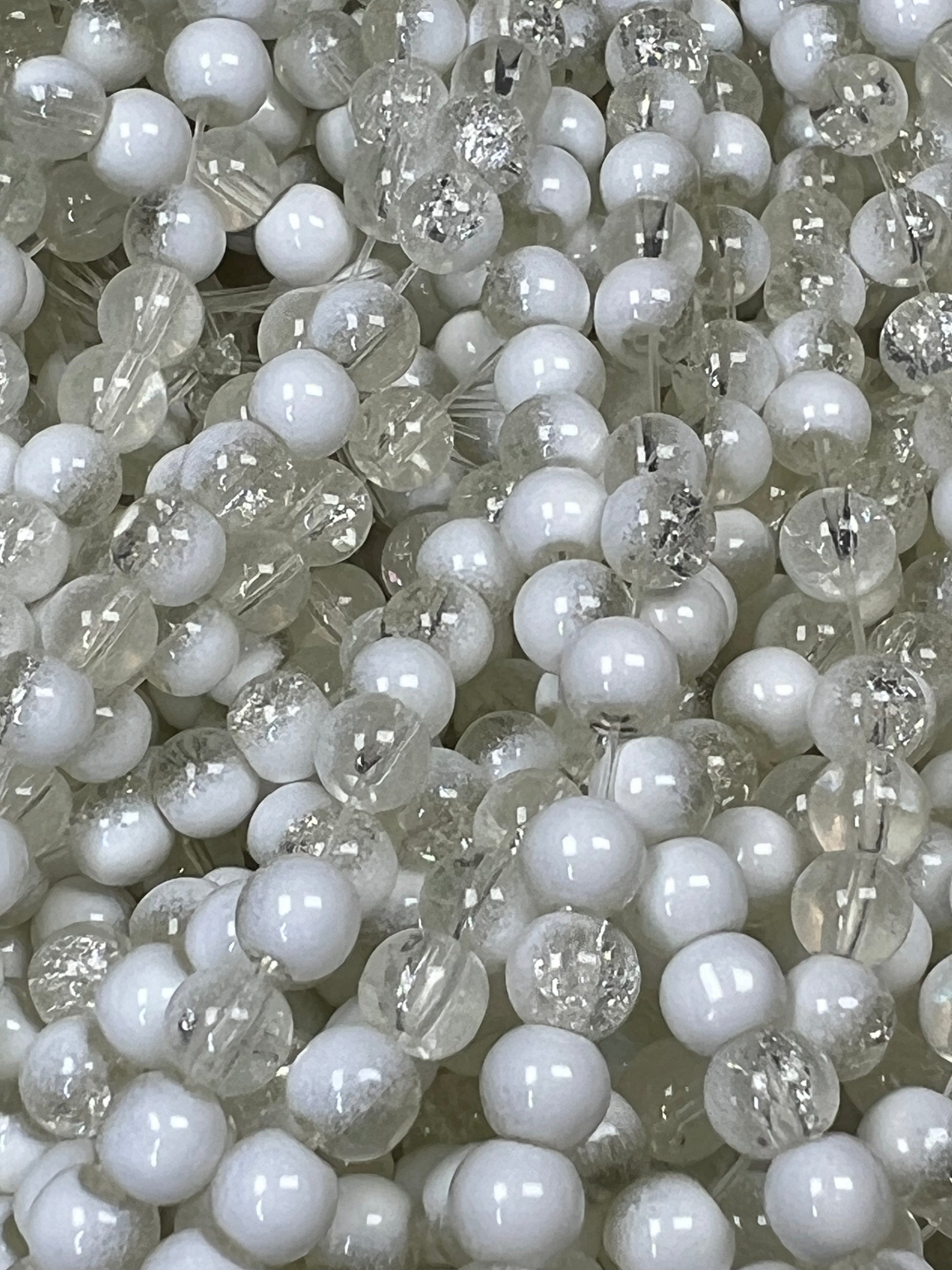 75 6mm Two-Tone Crackle Glass Beads Clear & White