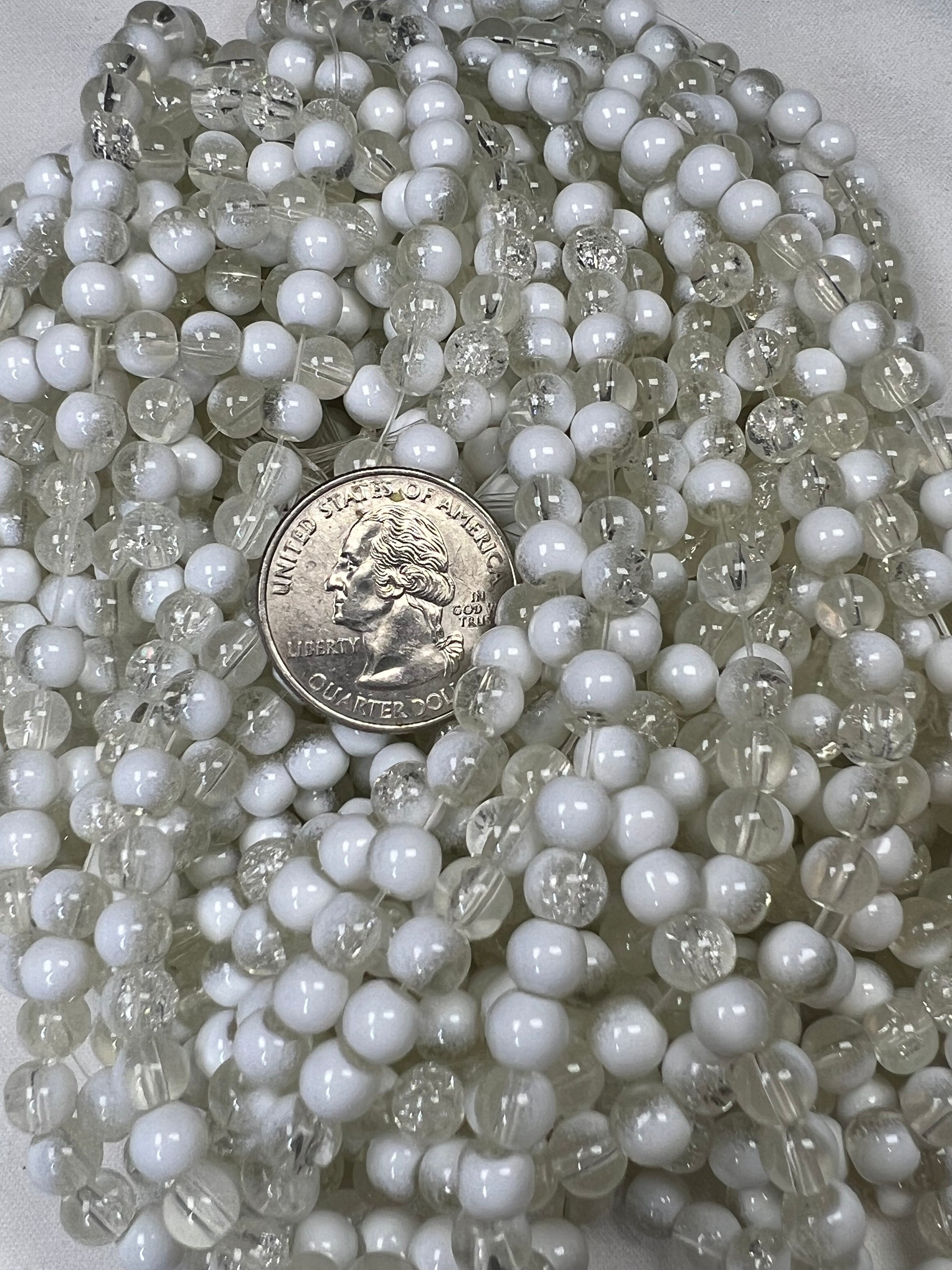 75 6mm Two-Tone Crackle Glass Beads Clear & White