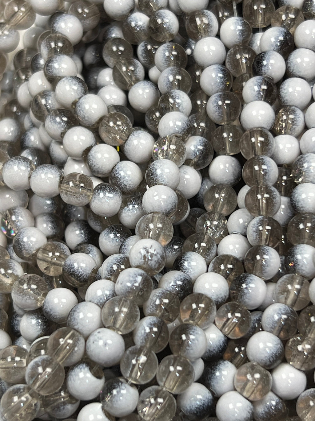 75 6mm Two-Tone Crackle Glass Beads Dark Gray & White