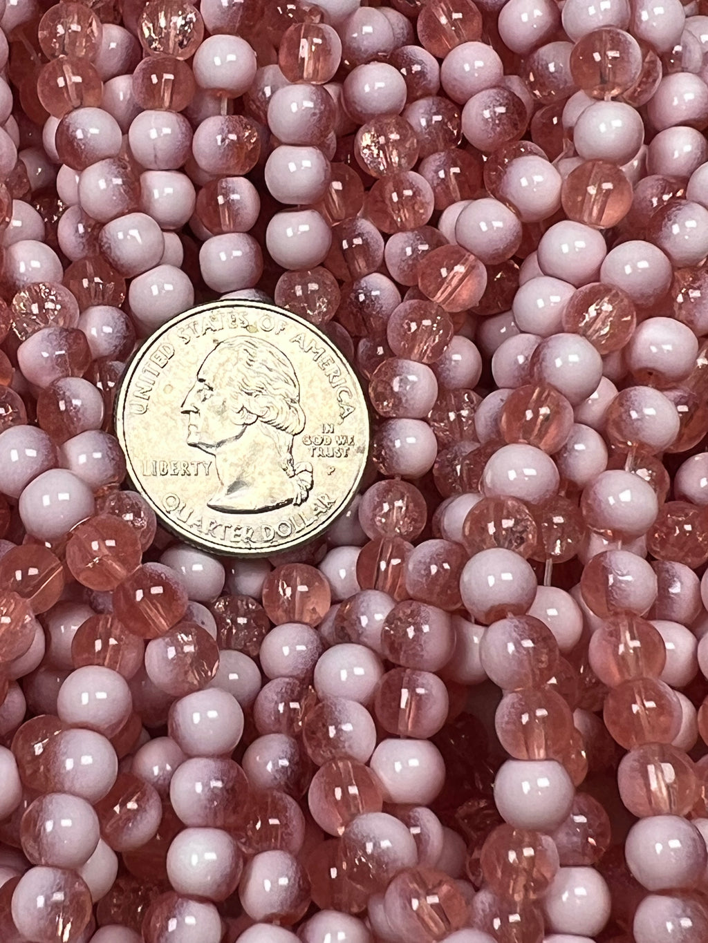 75 6mm Two-Tone Crackle Glass Beads Light Coral & White