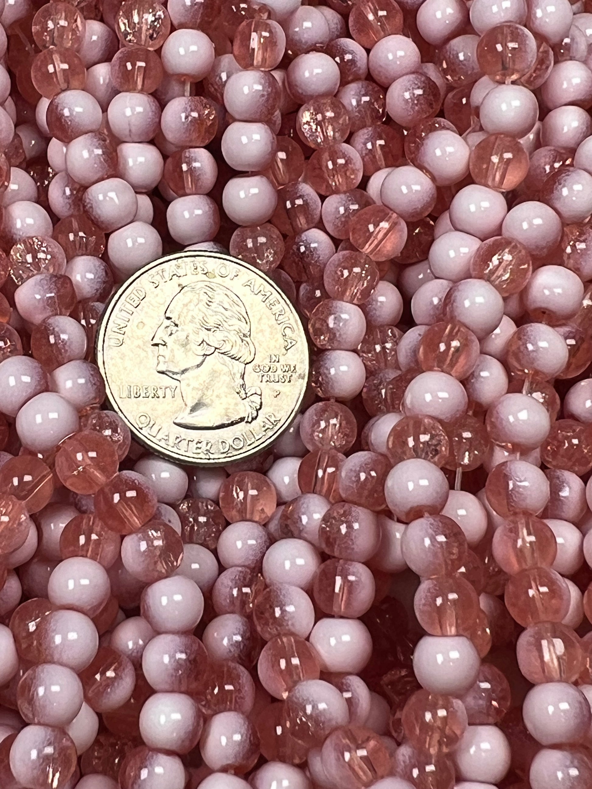 75 6mm Two-Tone Crackle Glass Beads Light Coral & White