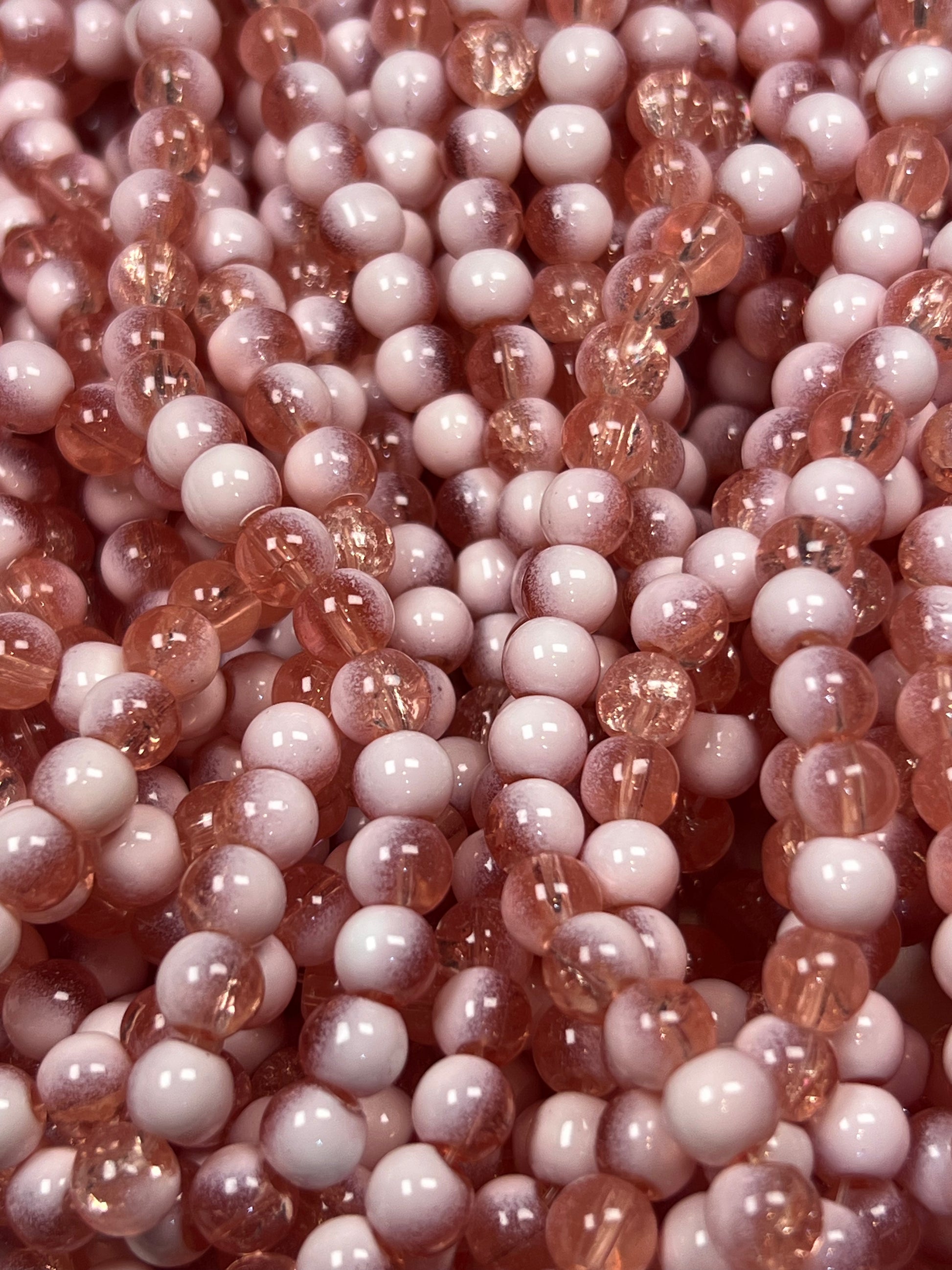 75 6mm Two-Tone Crackle Glass Beads Light Coral & White