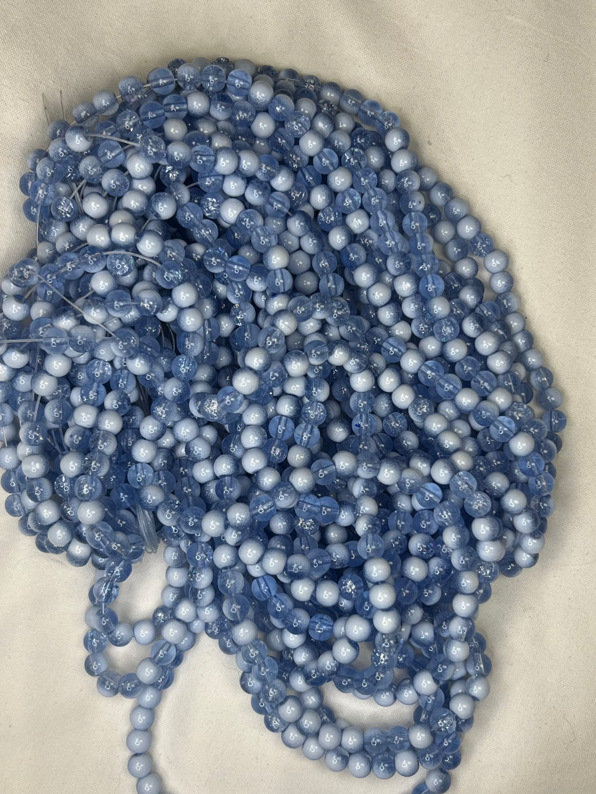 75 6mm Two-Tone Crackle Glass Beads Steel Blue & White