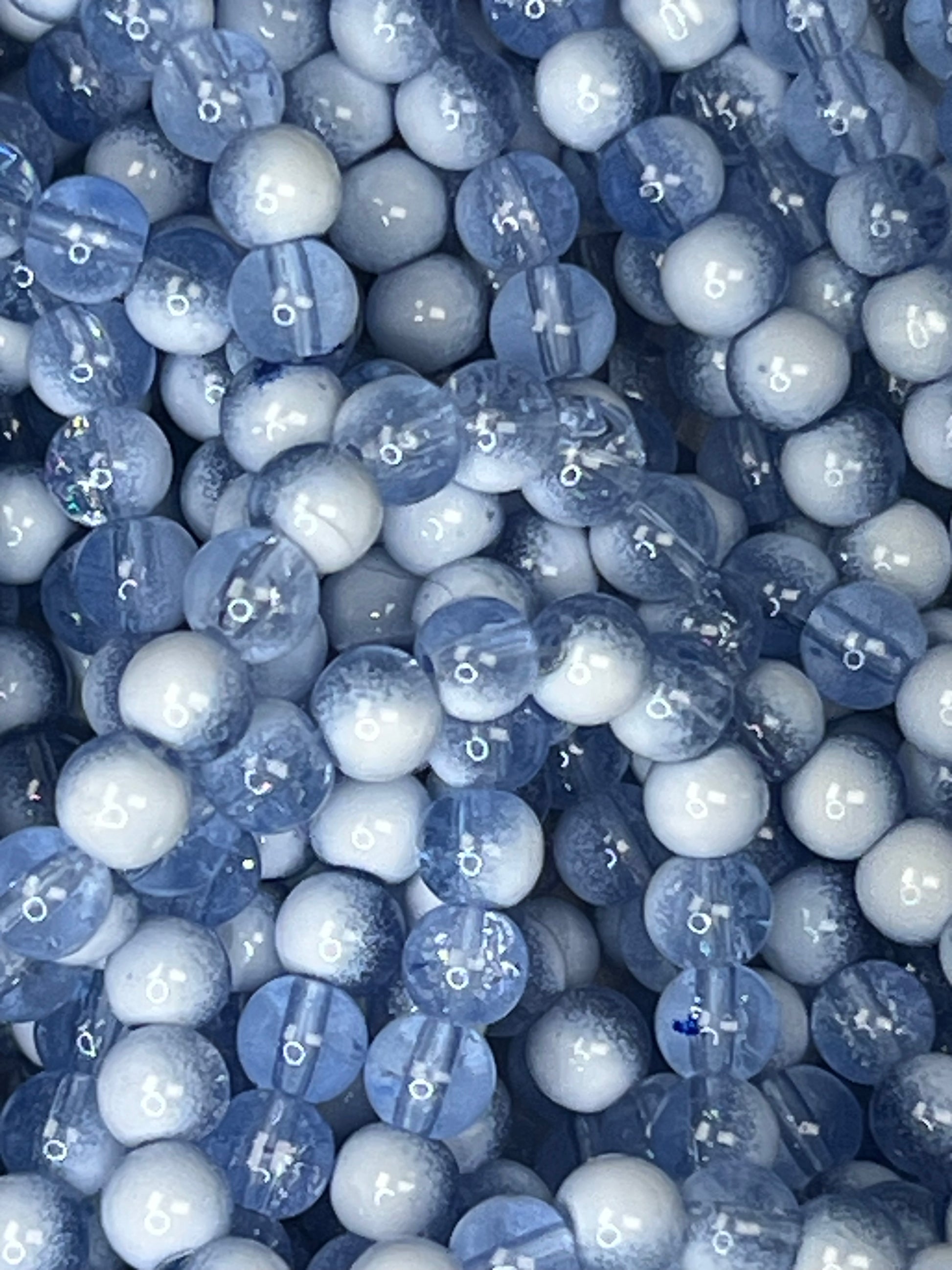 75 6mm Two-Tone Crackle Glass Beads Steel Blue & White