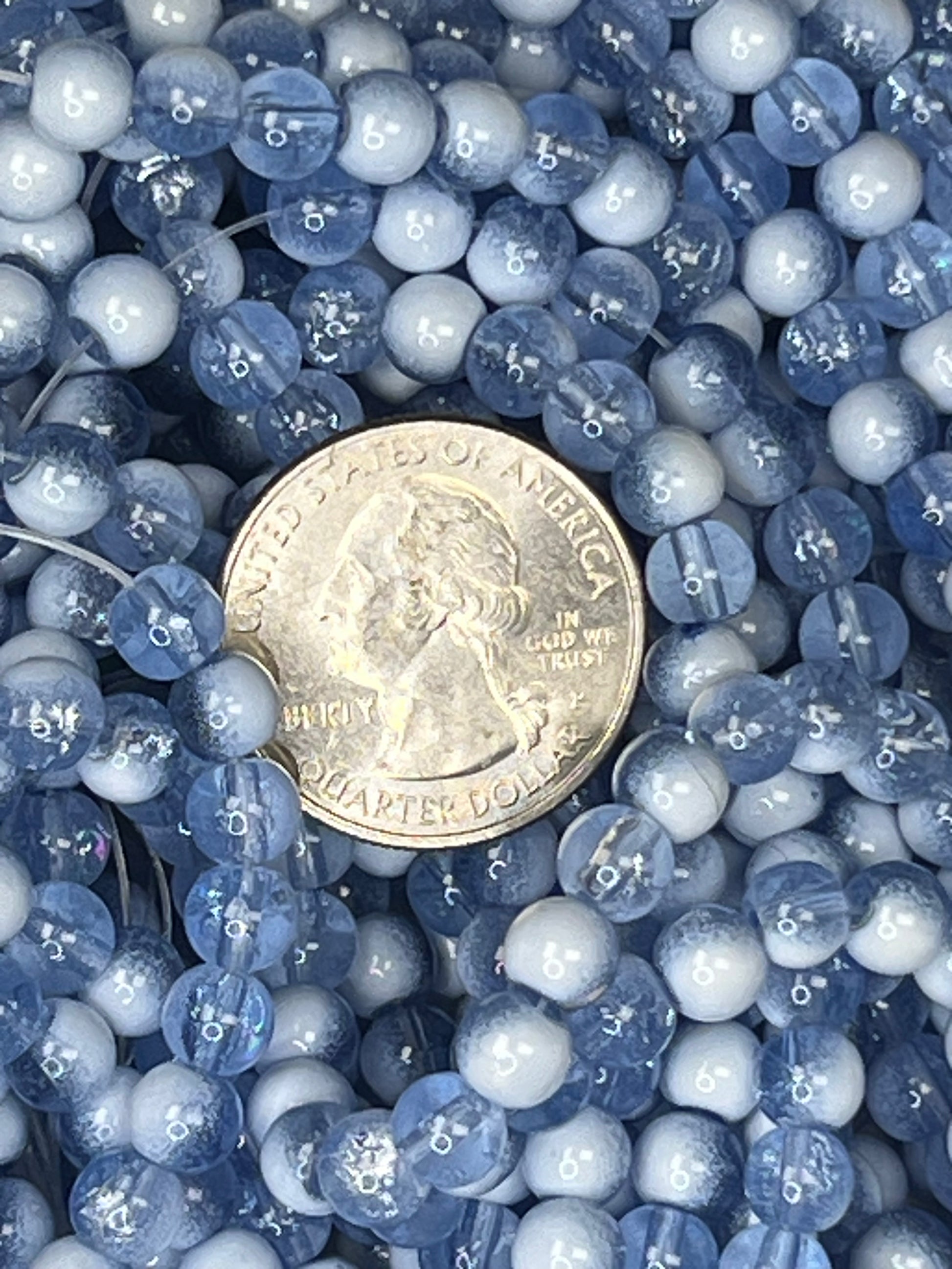 75 6mm Two-Tone Crackle Glass Beads Steel Blue & White