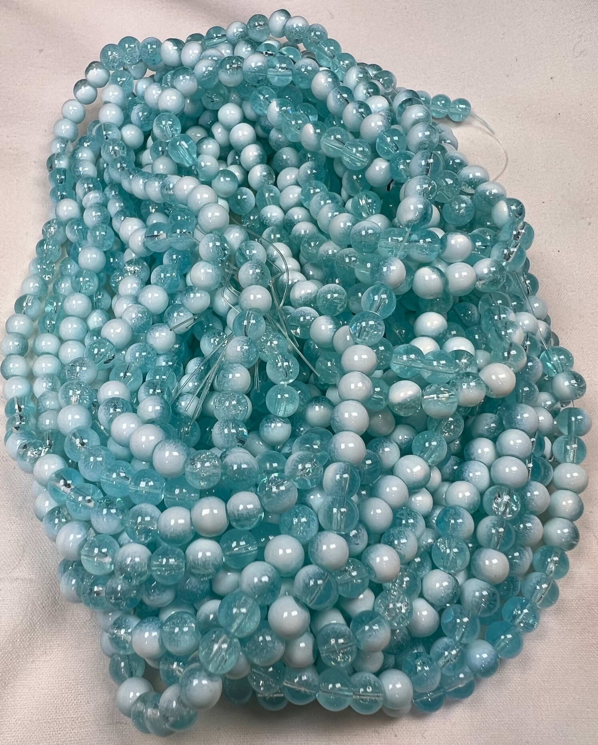 75 6mm Two-Tone Crackle Glass Beads Turquoise & White