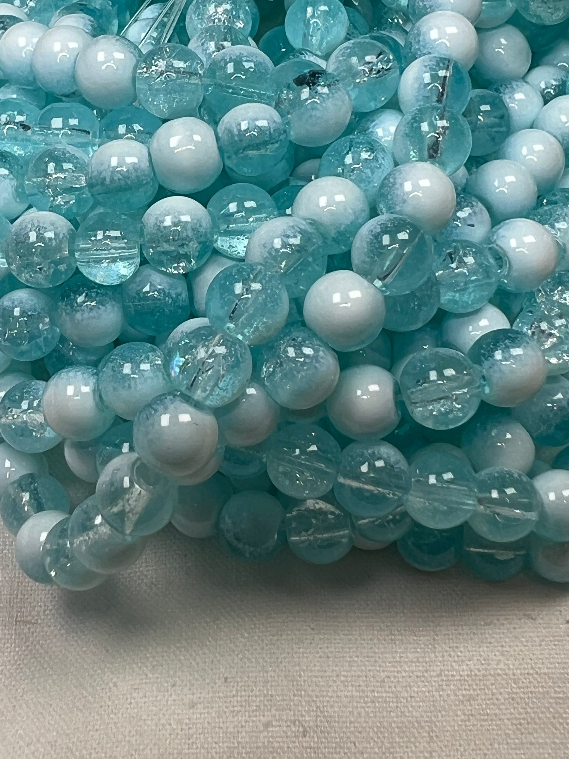 75 6mm Two-Tone Crackle Glass Beads Turquoise & White
