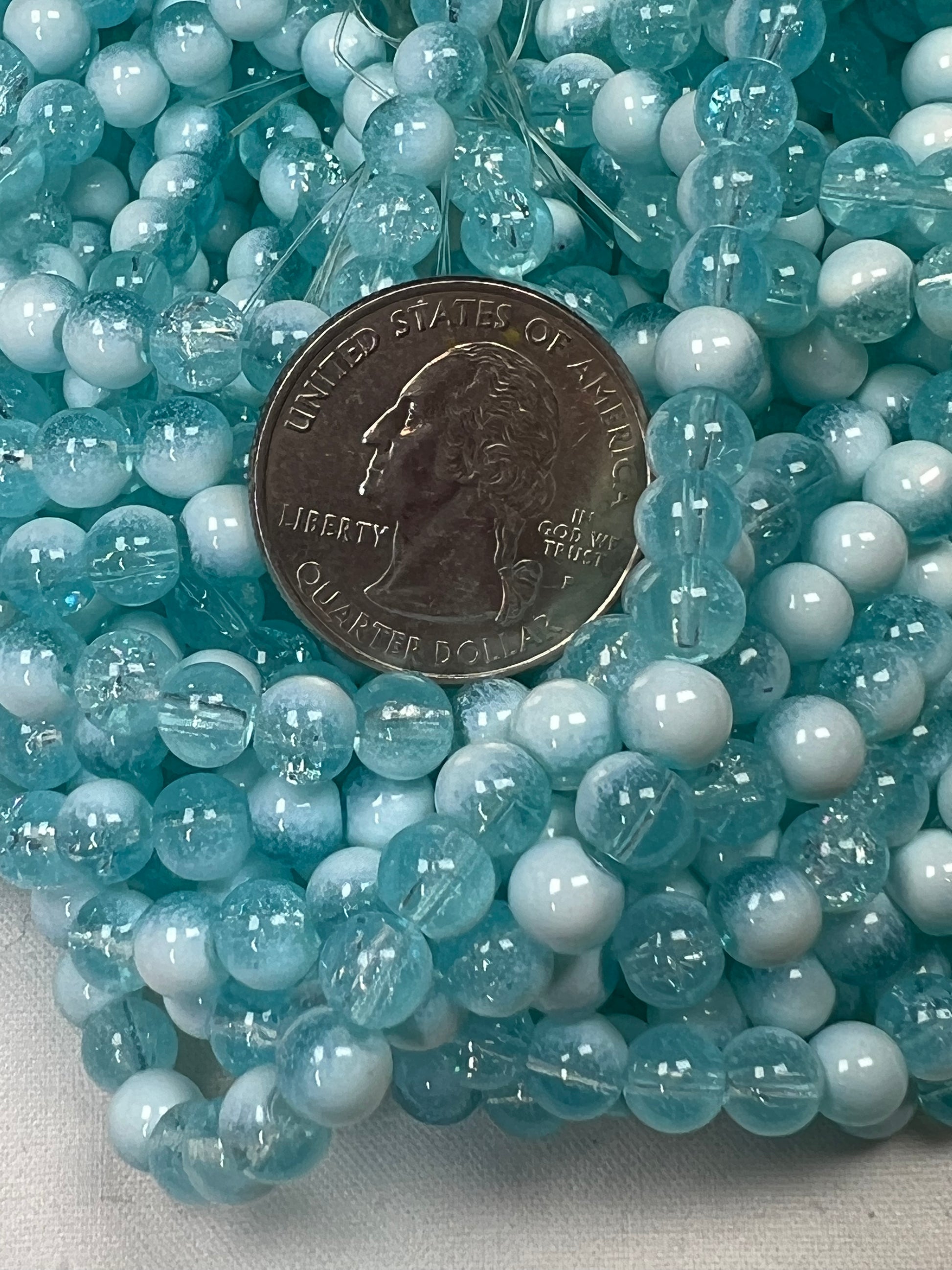 75 6mm Two-Tone Crackle Glass Beads Turquoise & White