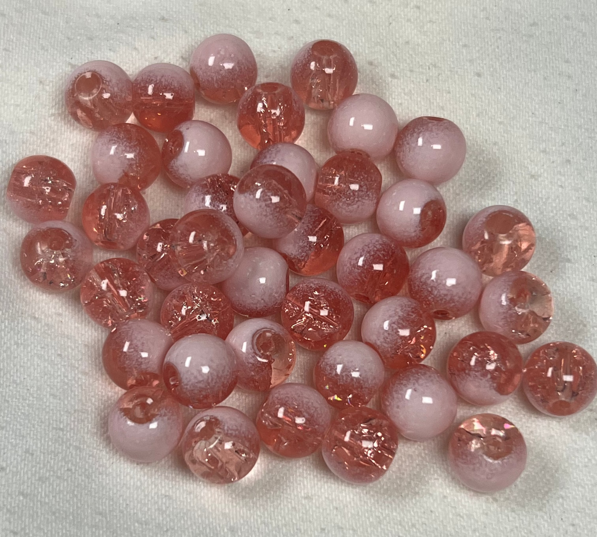50 8mm Two-Tone Crackle Glass Beads Light Coral & White