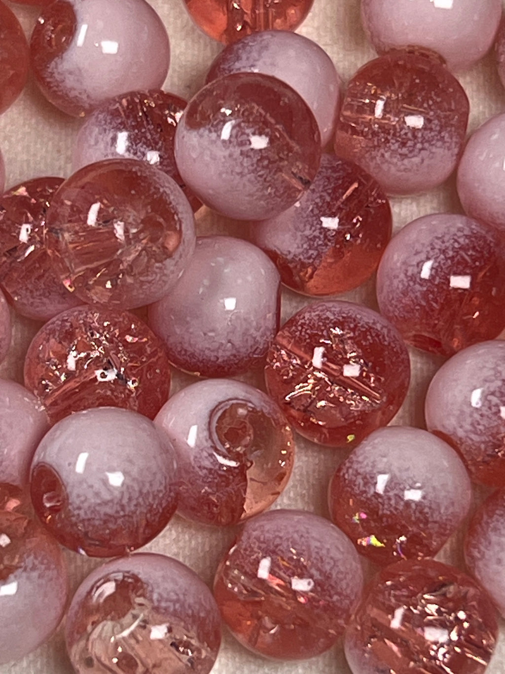 50 8mm Two-Tone Crackle Glass Beads Light Coral & White