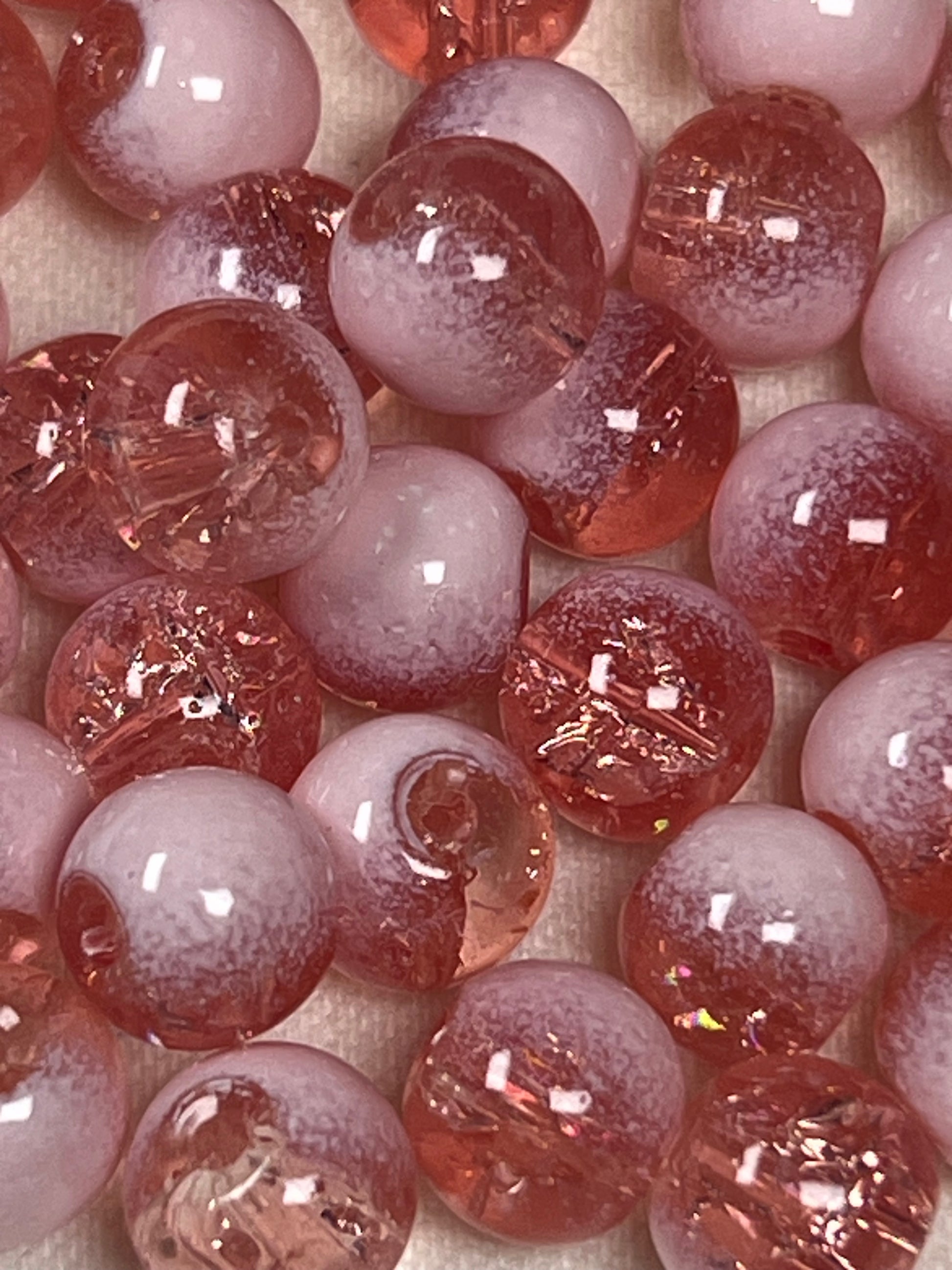50 8mm Two-Tone Crackle Glass Beads Light Coral & White