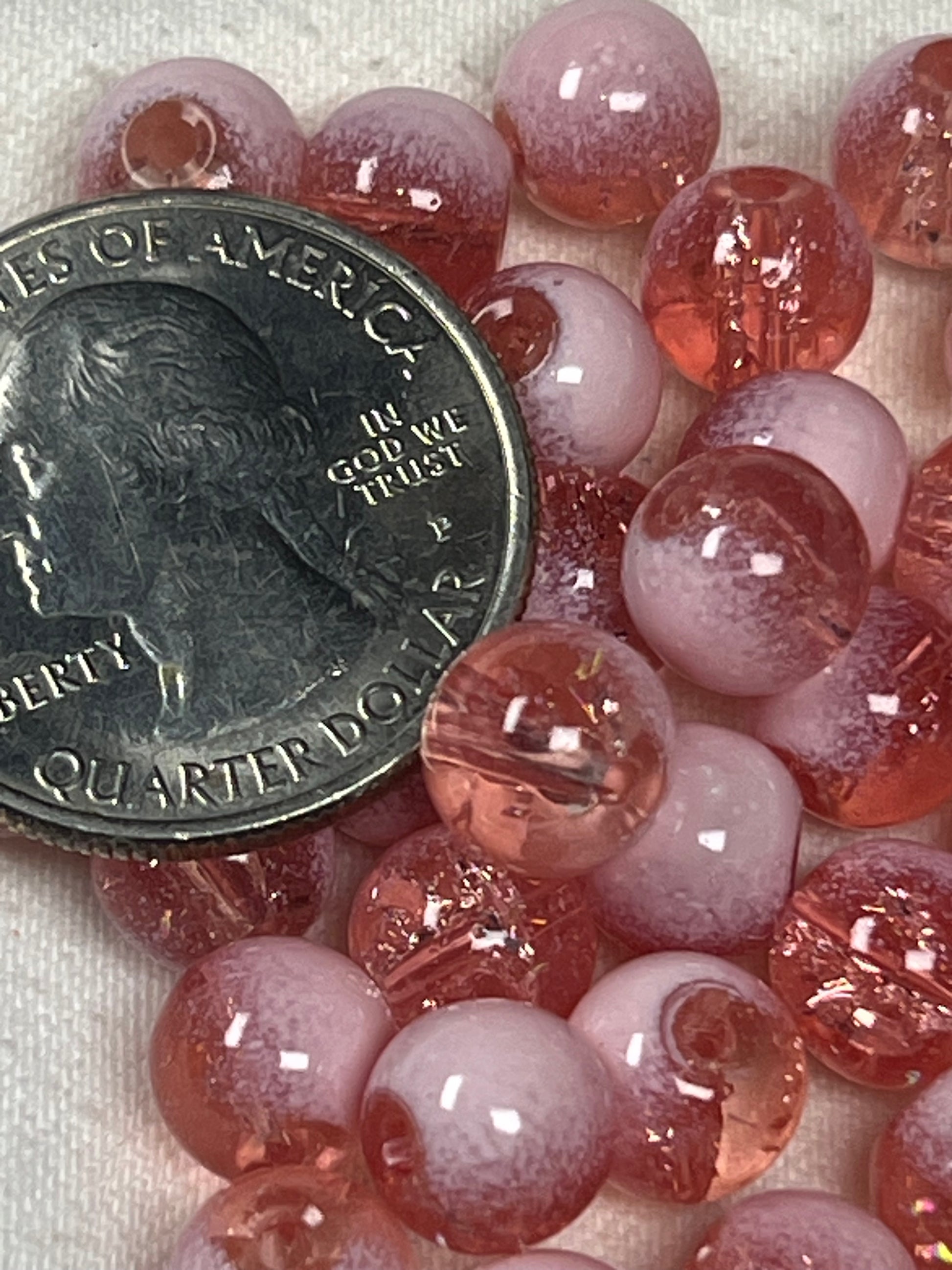 50 8mm Two-Tone Crackle Glass Beads Light Coral & White