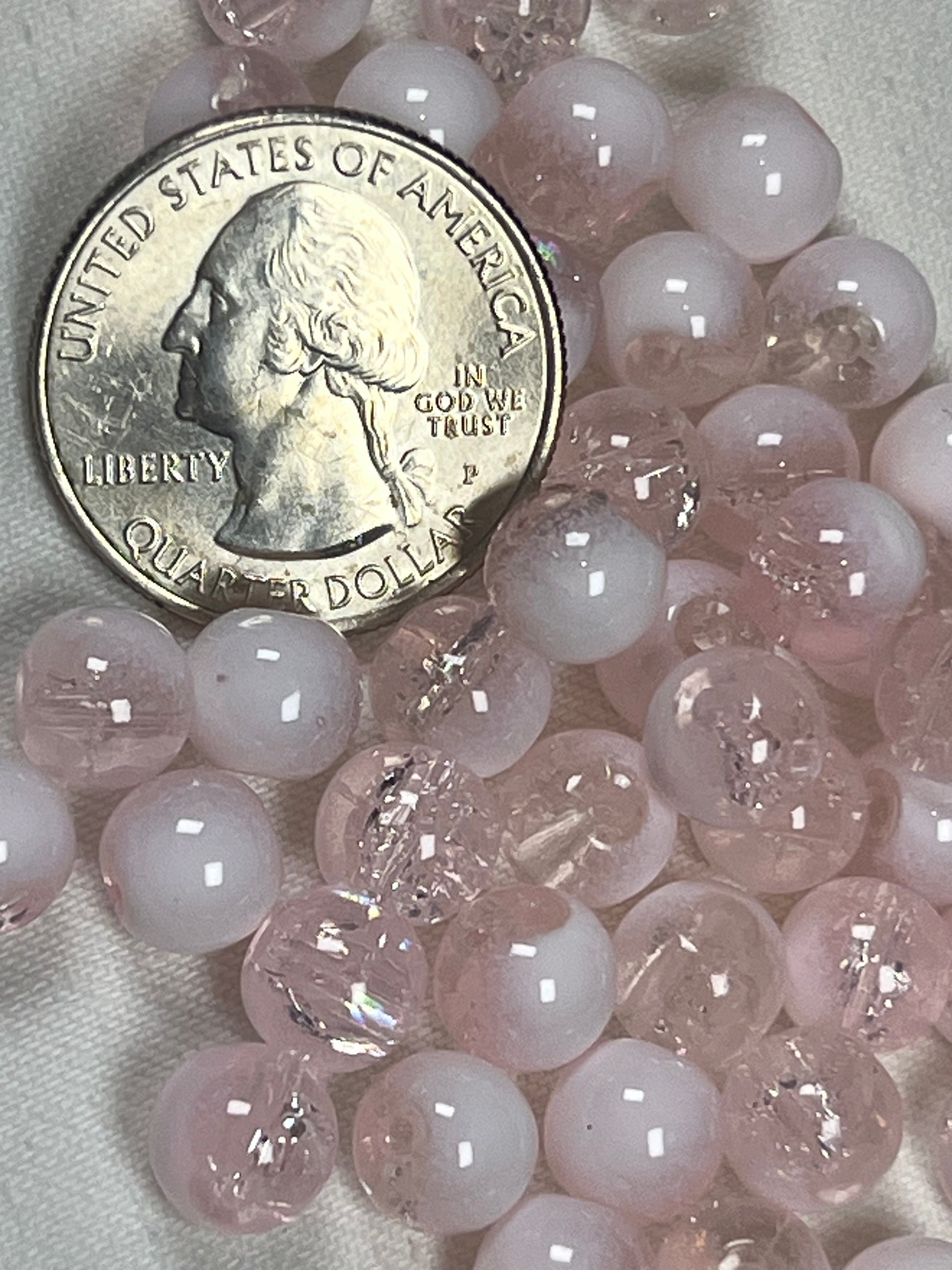 50 8mm Two-Tone Crackle Glass Beads Misty Rose & White